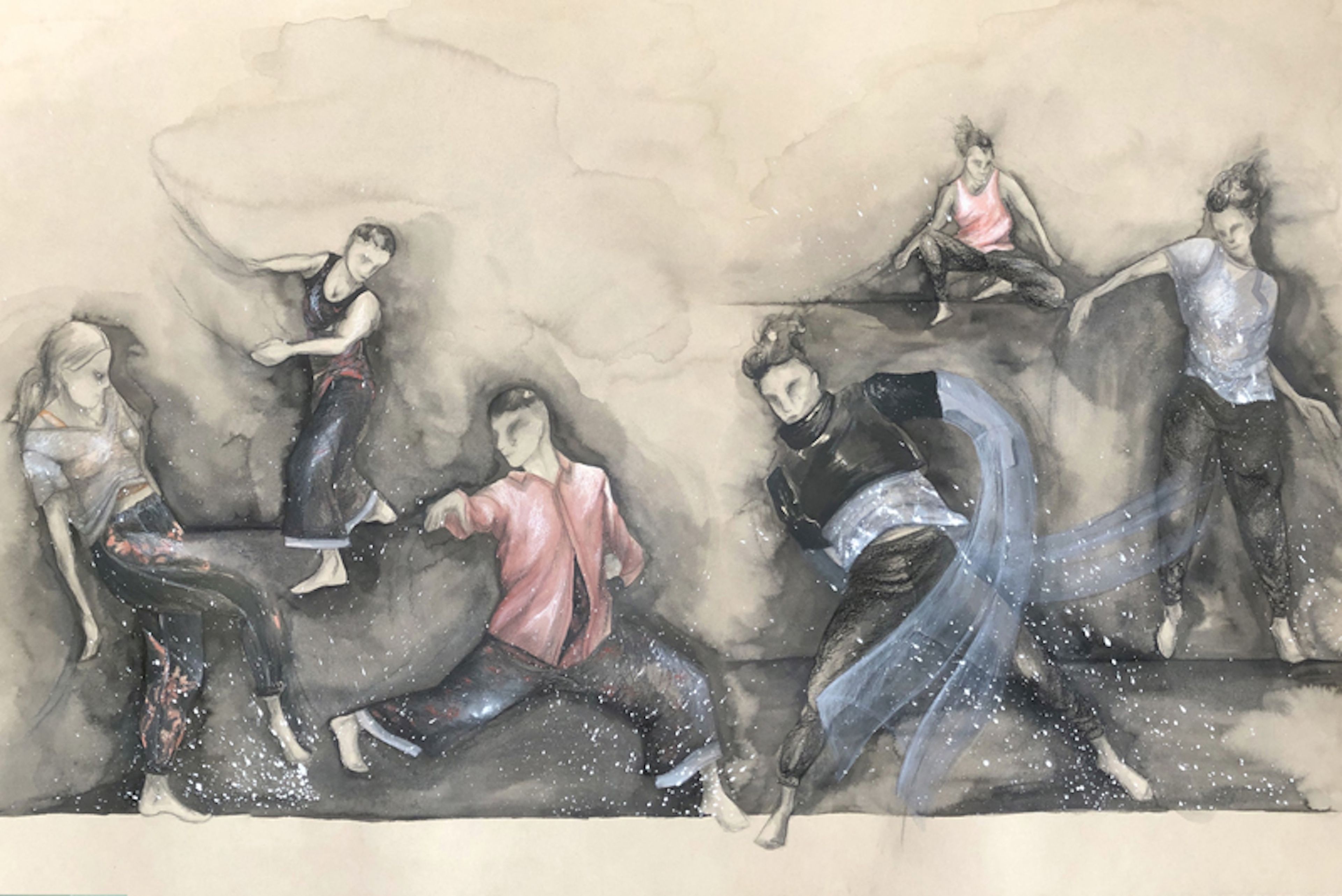 Watercolour costume design illustration showing five figures in contemporary dance poses, rendered in soft greys and pinks with flowing movement suggested through fabric and gesture