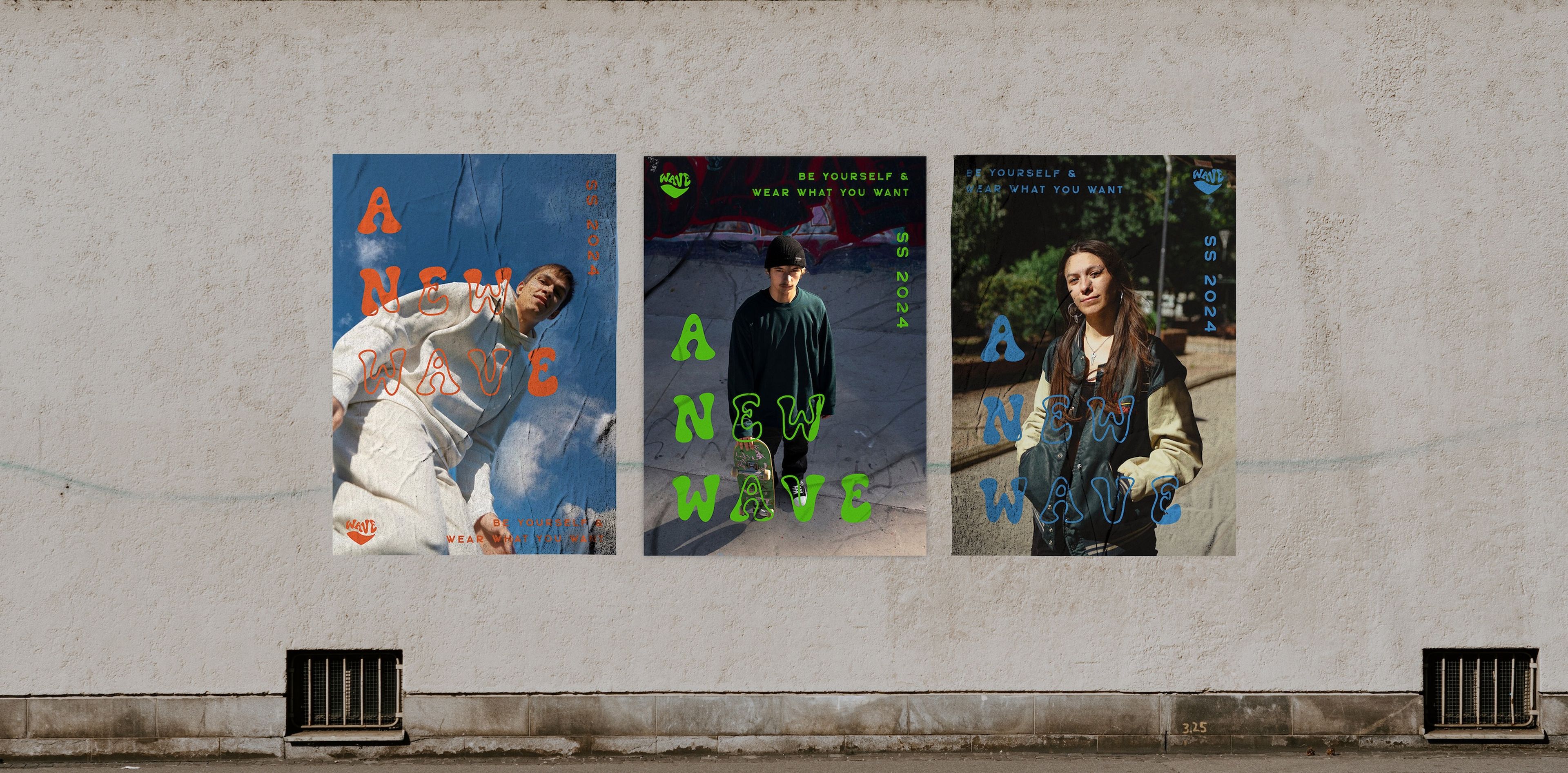 Three posters on a textured wall for 'A New Wave' campaign, each featuring a young person in casual attire with phrases like 'Be Yourself & Wear What You Want.'