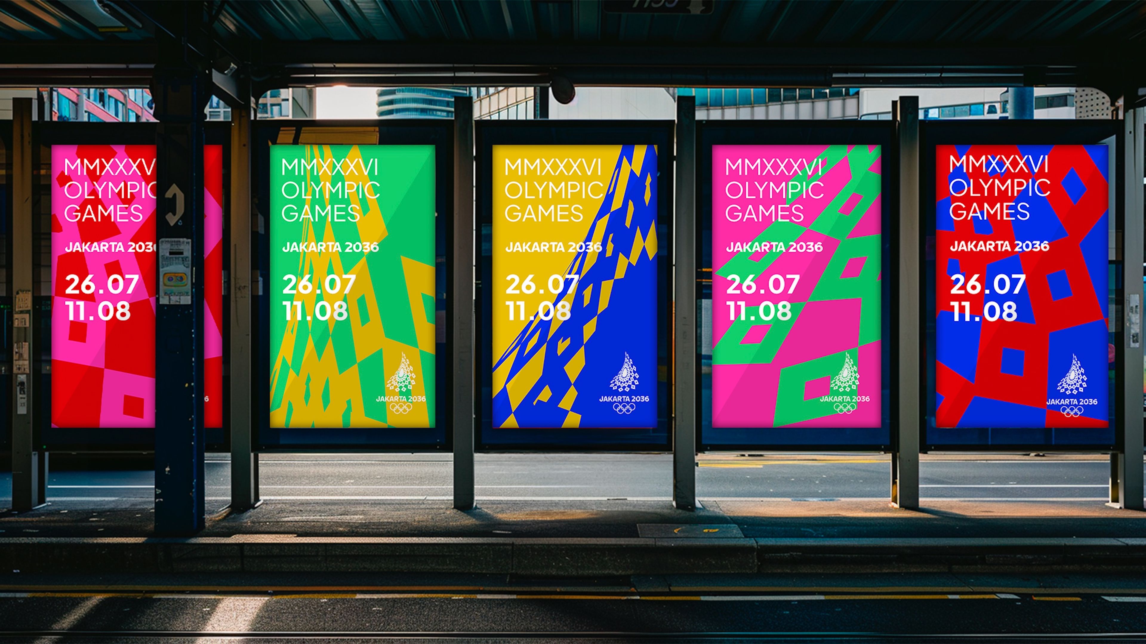 Series of five digital display panels showing Jakarta 2036 Olympic Games promotional posters. Each panel features bold geometric designs in contrasting colours - pink, green, yellow, pink, and red - with consistent typography displaying dates '26.07-11.08' and the Olympic logo in white.