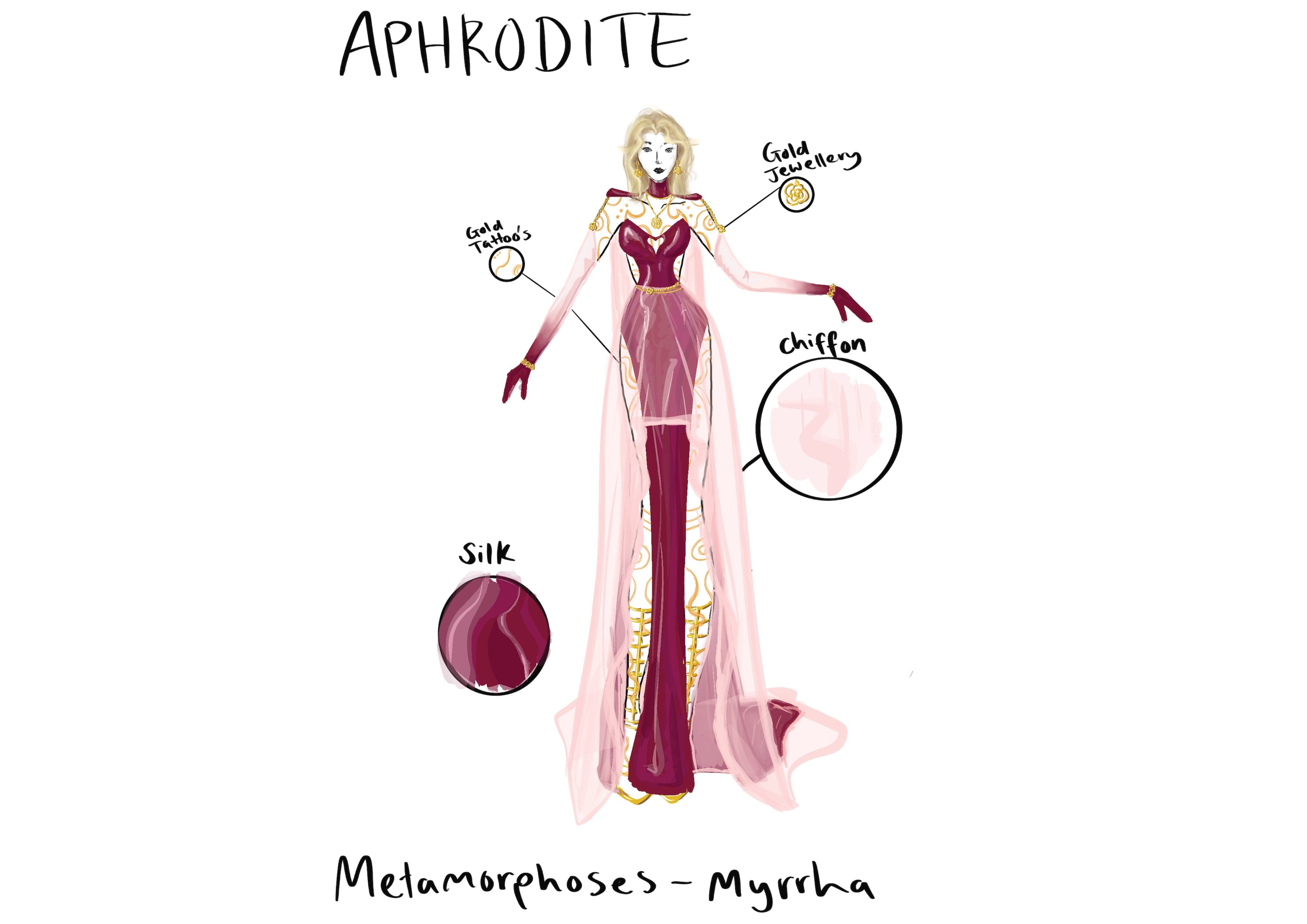 Costume design for the character Aphrodite in "Metamorphoses." The costume consists of a long pink chiffon gown with gold tattoos and jewellery accents. Silk and chiffon fabric swatches are annotated for reference.