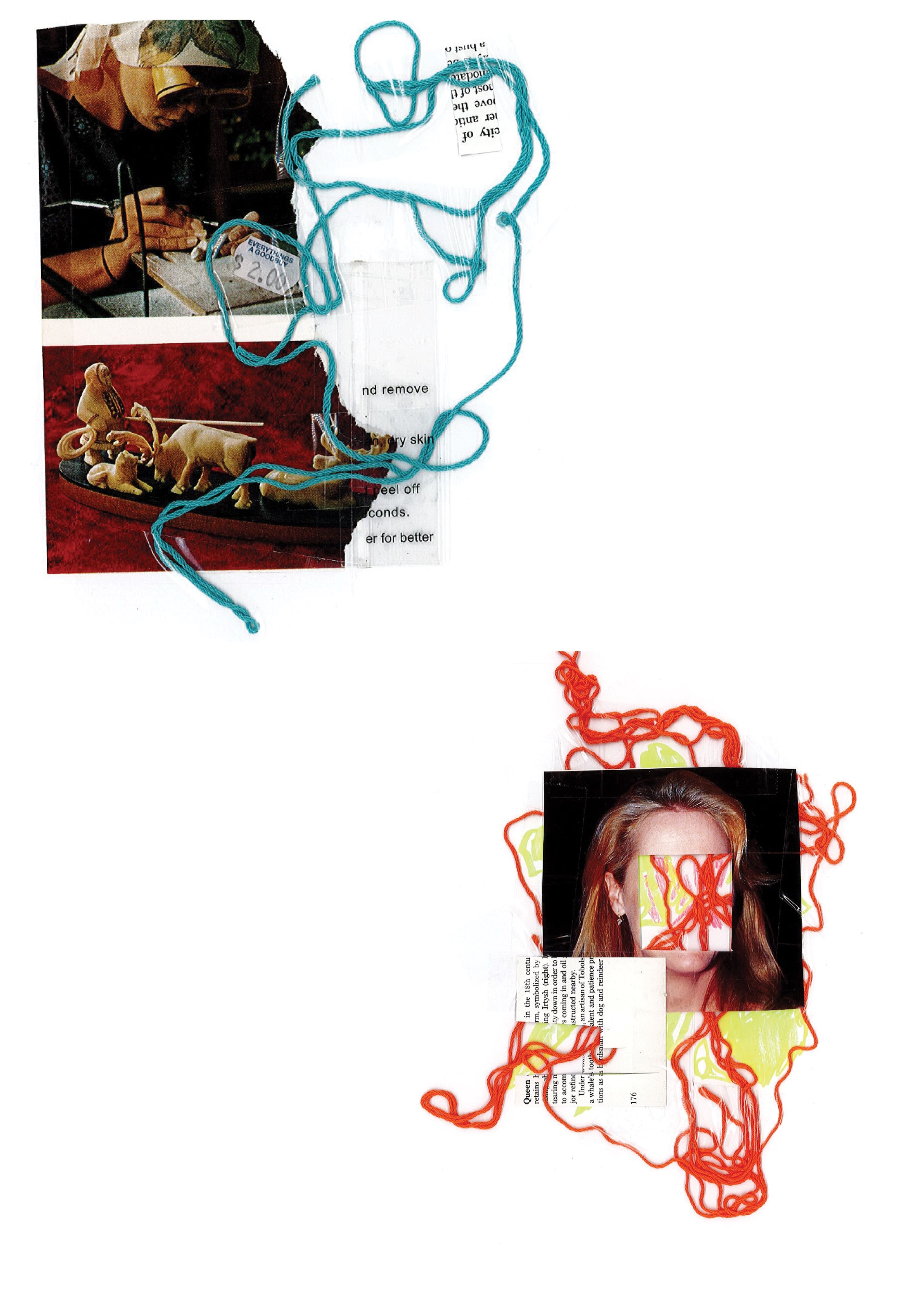 Mixed media collage featuring two sections. The top features vintage food photography with turquoise string weaving through torn recipe fragments. The bottom is a portrait photograph with eyes obscured by a geometric pattern, surrounded by flowing red embroidery thread and text snippets.