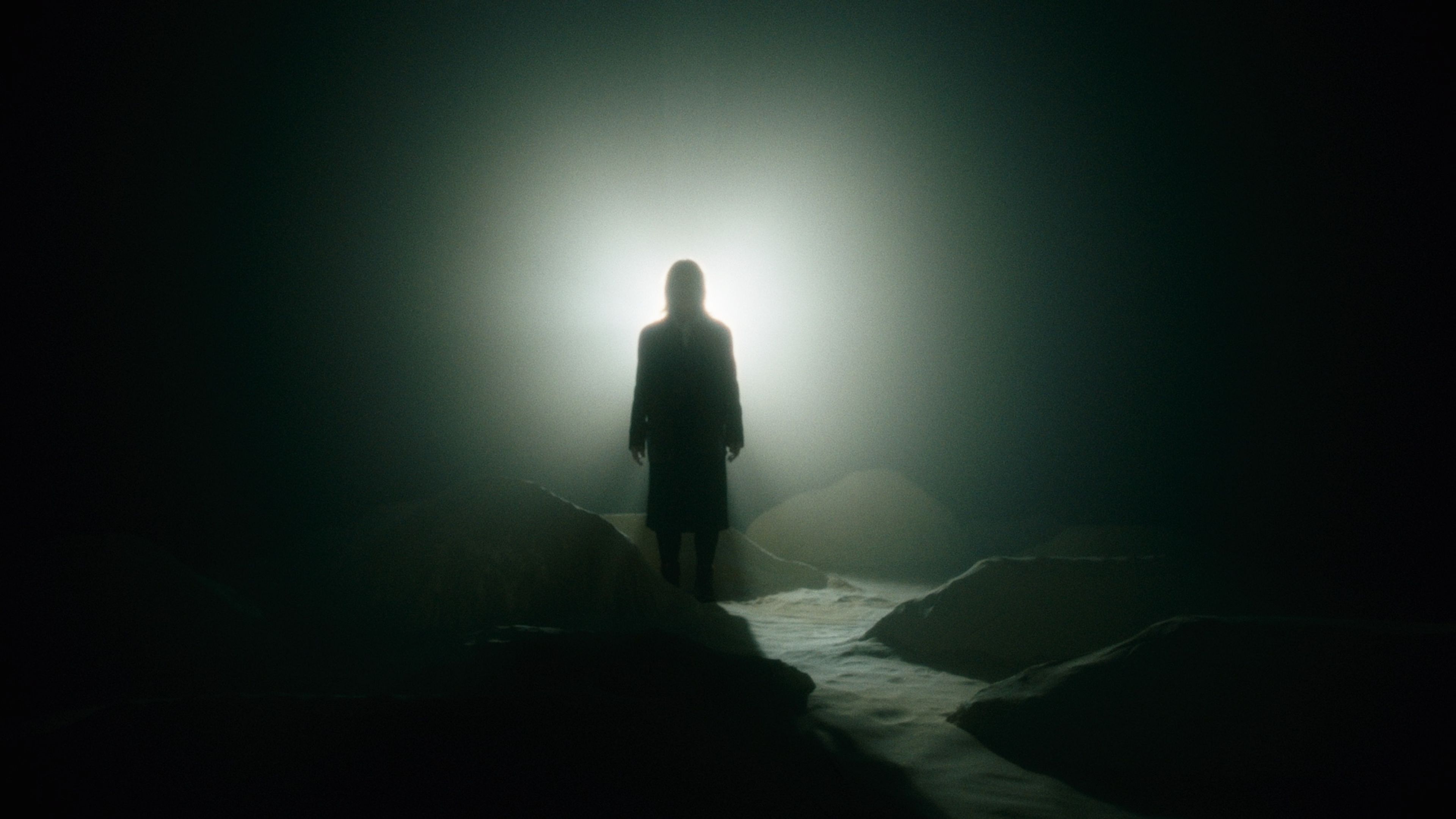 Film still showing a silhouetted figure standing atop a rocky outcrop against a bright misty background, creating an ethereal atmosphere with green-tinted lighting.