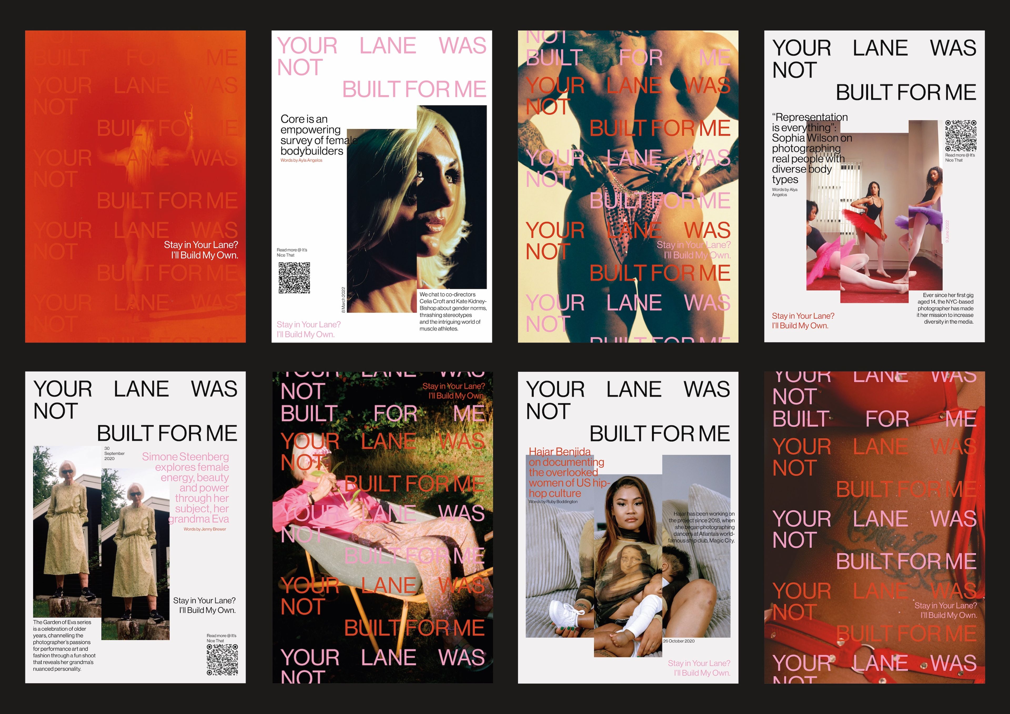 Collection of eight posters titled 'Your Lane Was Not Built For Me,' featuring portraits of diverse women with overlaid bold text. Each poster combines imagery with a statement on personal space and resilience.