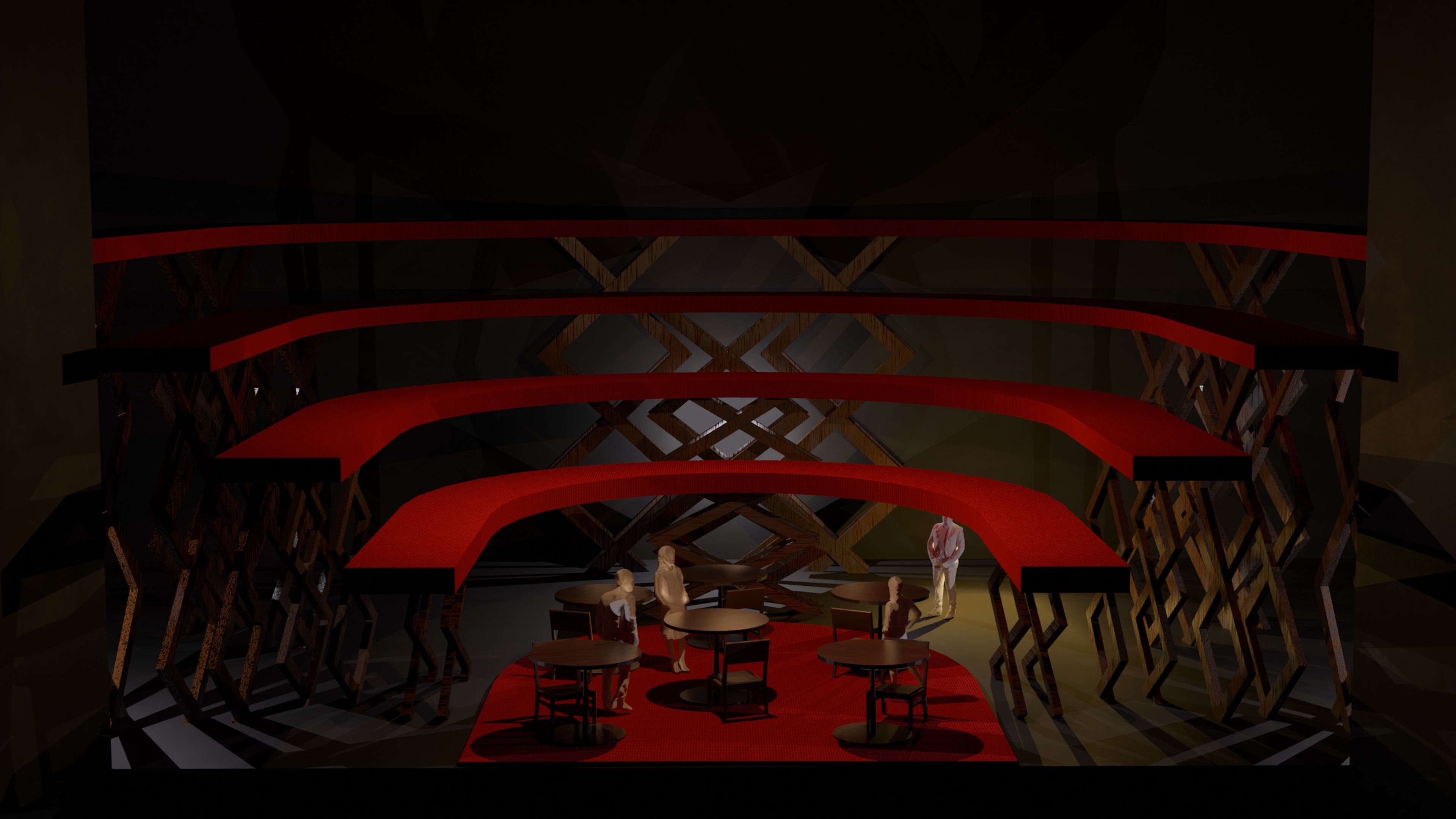 Transition in set design as scissor lift mechanisms become visible, elevating the red platforms. The scene includes round tables, chairs, and five white figures, with lattice-like scissor lifts supporting the raised platforms in the background.