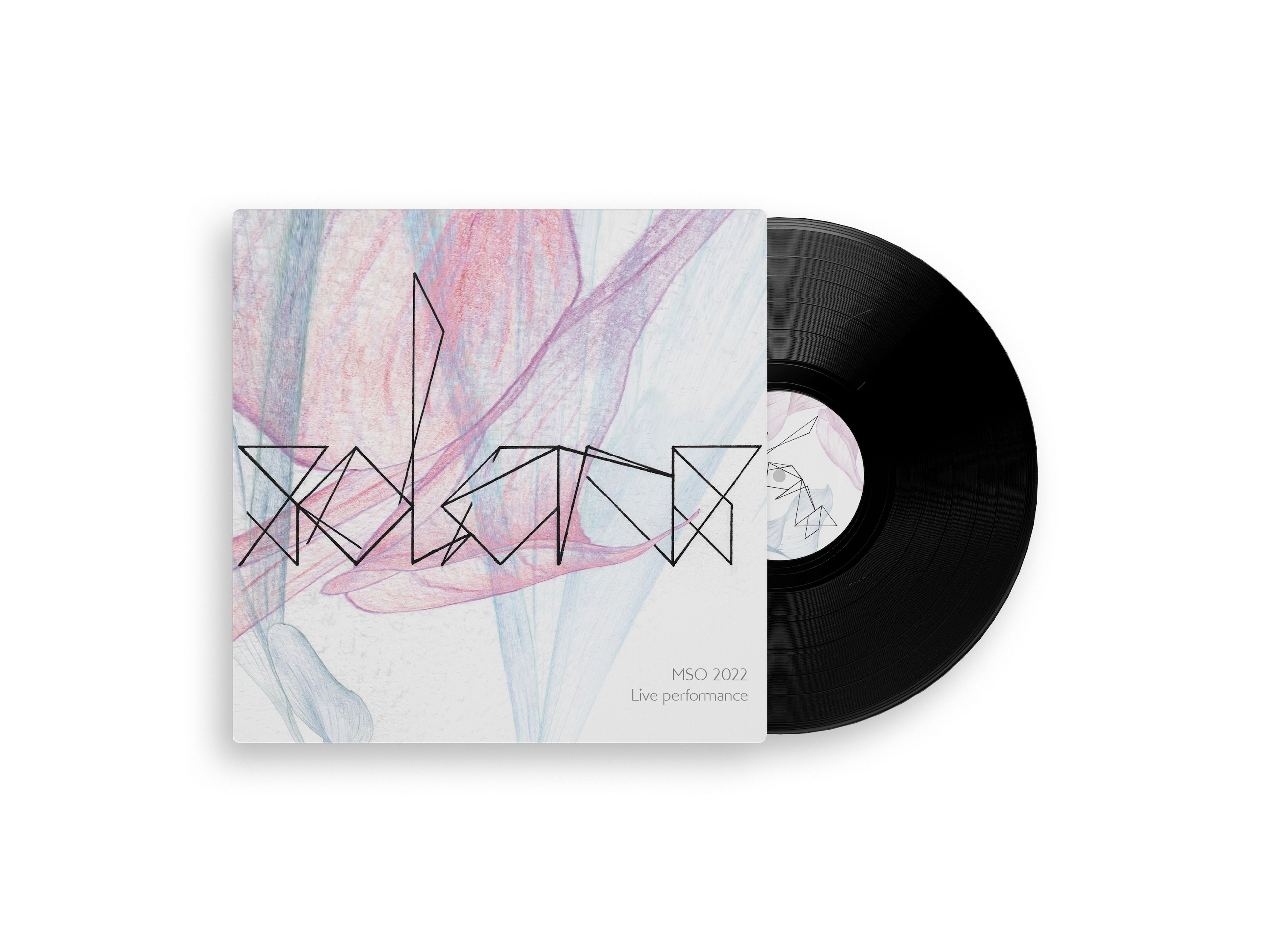 Vinyl record cover for "Solaris," with abstract, soft-coloured artwork in pastel tones. The album title is displayed in a wireframe-style typeface, matching the ethereal, modern style of the visual elements.