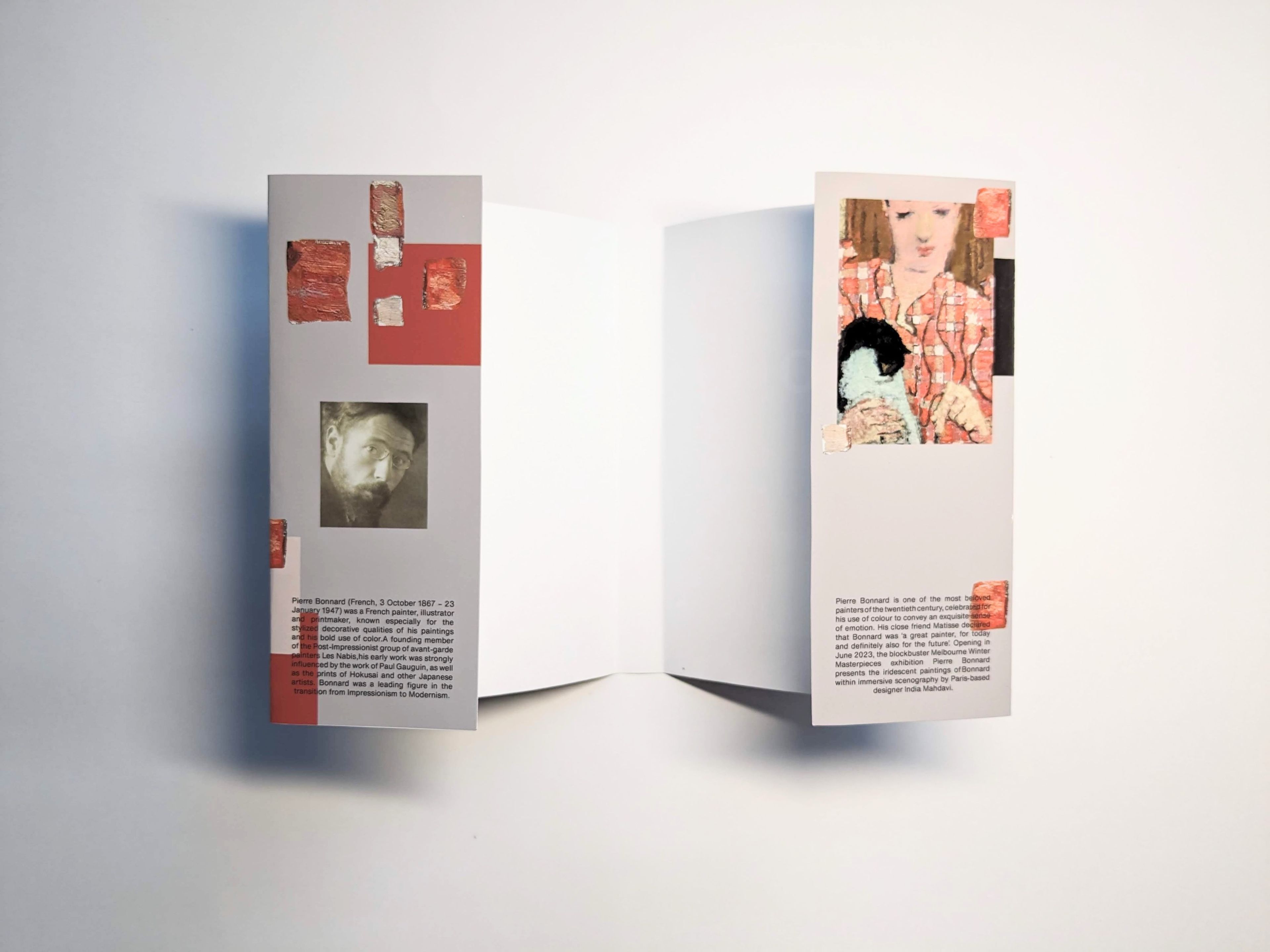 Internal book jacket panels displaying information about Pierre Bonnard. Left panel includes a black and white portrait photograph and biographical text, while right panel features a colourised artwork detail. Red geometric shapes accent both panels, creating a modern layout design against white background.