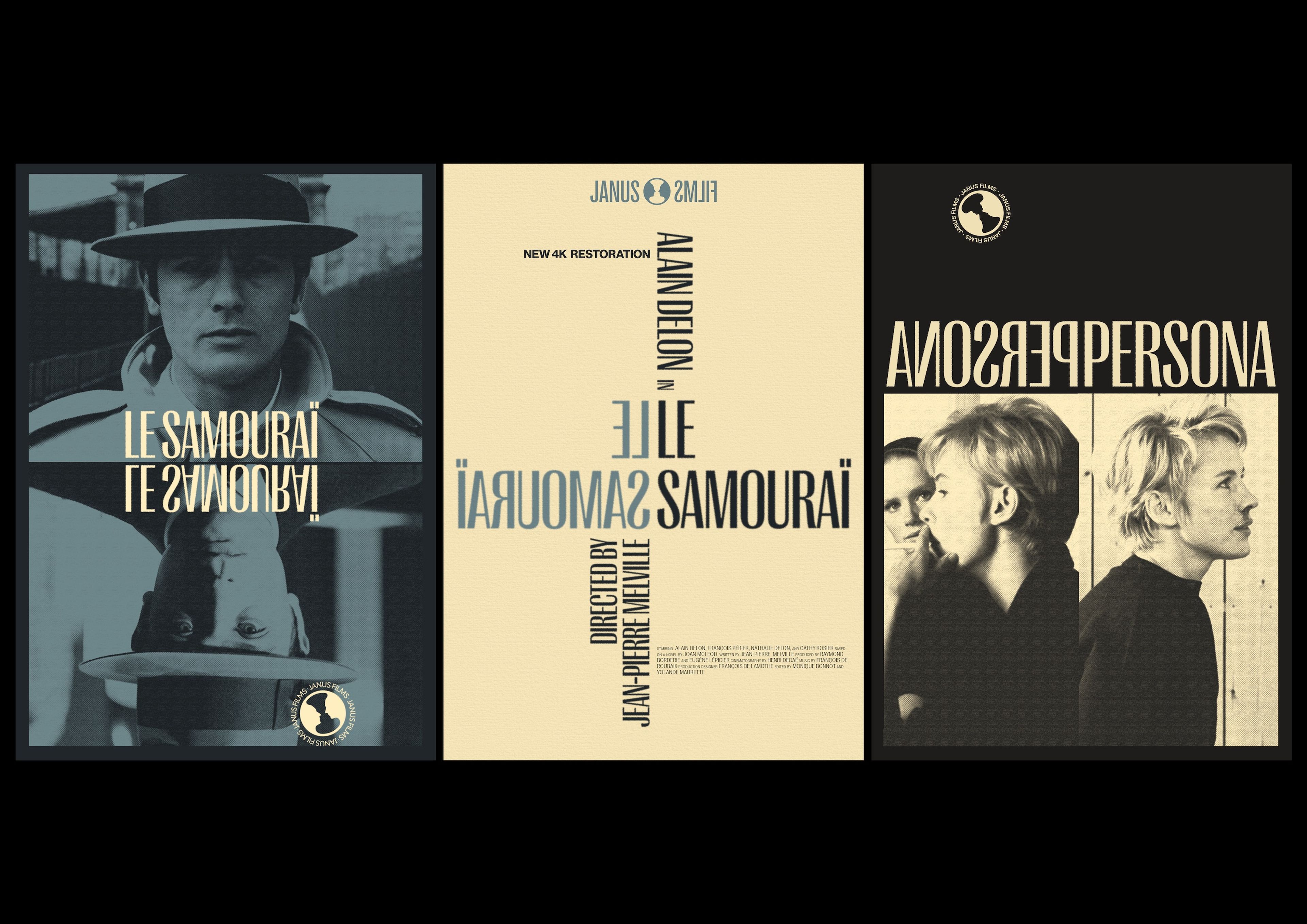 A triptych of vintage-inspired posters for classic films including "Le Samouraï" and "Persona," using muted beige and black tones. Typography is layered and mirrored creatively across the posters, exuding an elegant, retro aesthetic that highlights the iconic nature of the films.