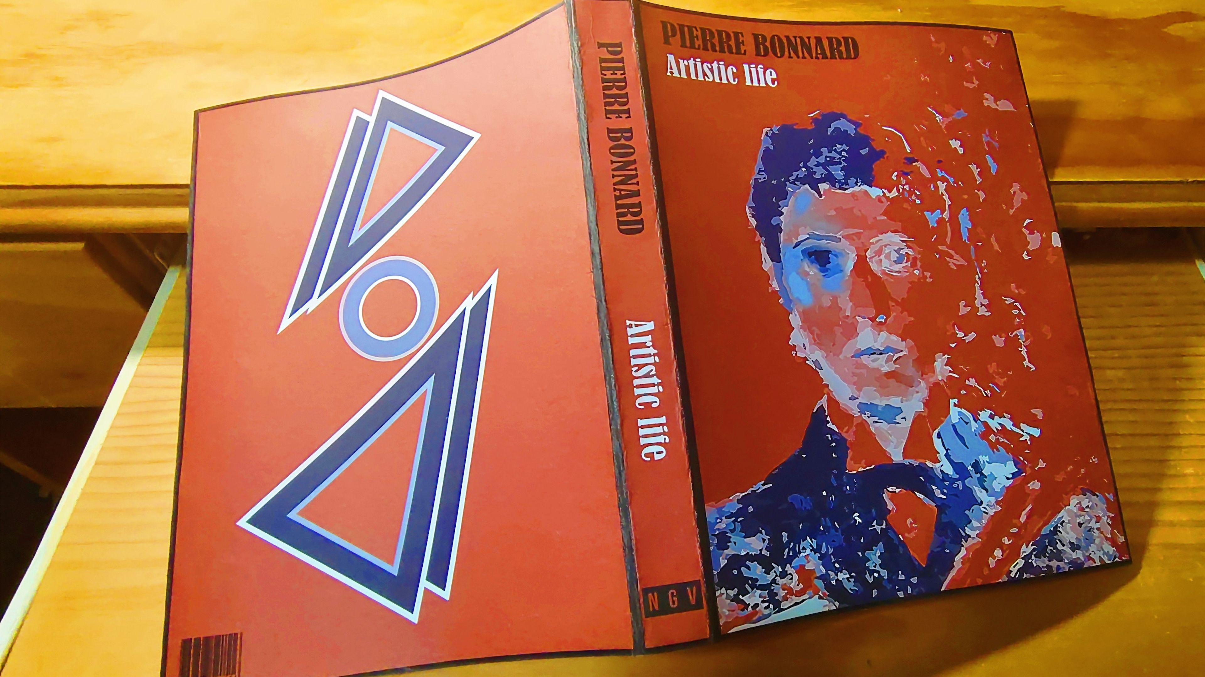 A mockup of a book titled "Pierre Bonnard: Artistic Life." The cover features a stylized portrait of Pierre Bonnard in a mix of red, blue, and white tones, with geometric shapes forming a bold design on the back cover. The spine and front cover use a modern, contrasting typeface.