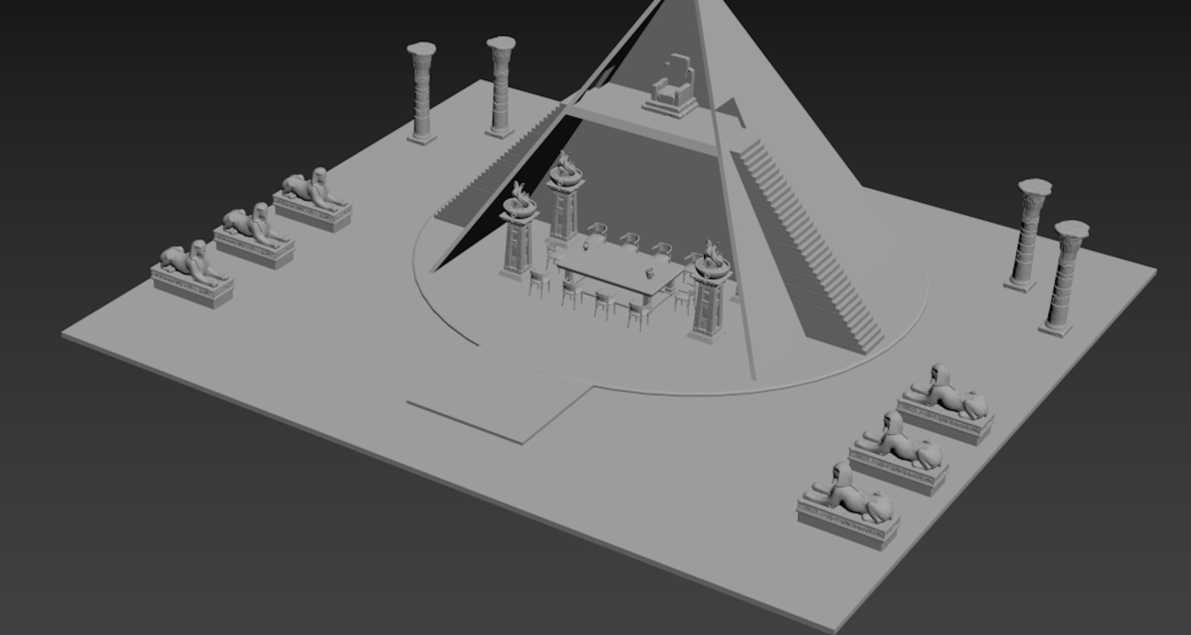 3D greyscale rendering of an Egyptian set design featuring a pyramid entrance, sphinx statues, columns, and a central dining area with decorative pillars