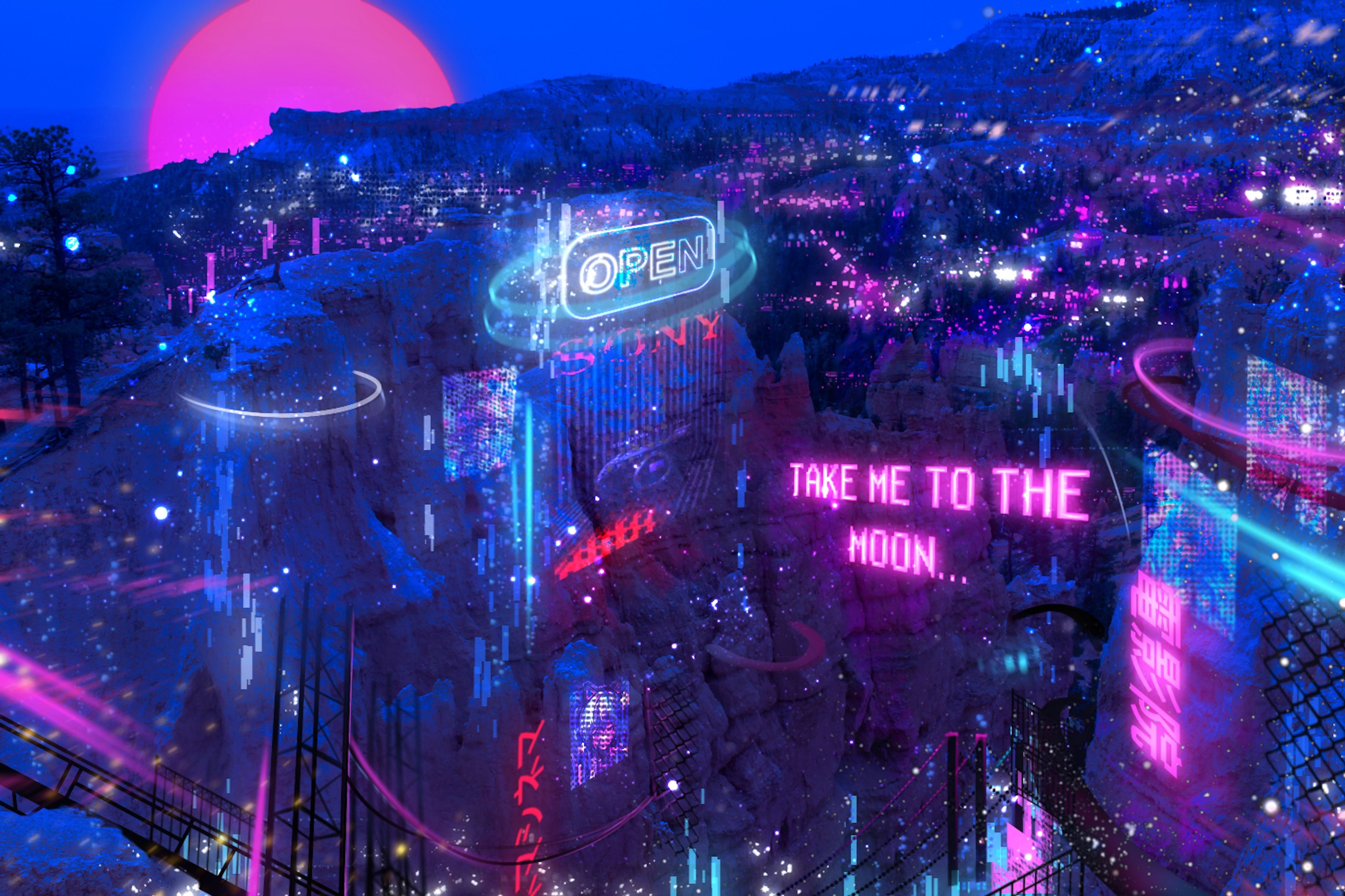 Cyberpunk nightscape illustration combining neon signs and celestial elements. Features glowing 'OPEN' sign and pink moon against mountainous terrain, rendered in deep blues and magentas with digital distortion effects.