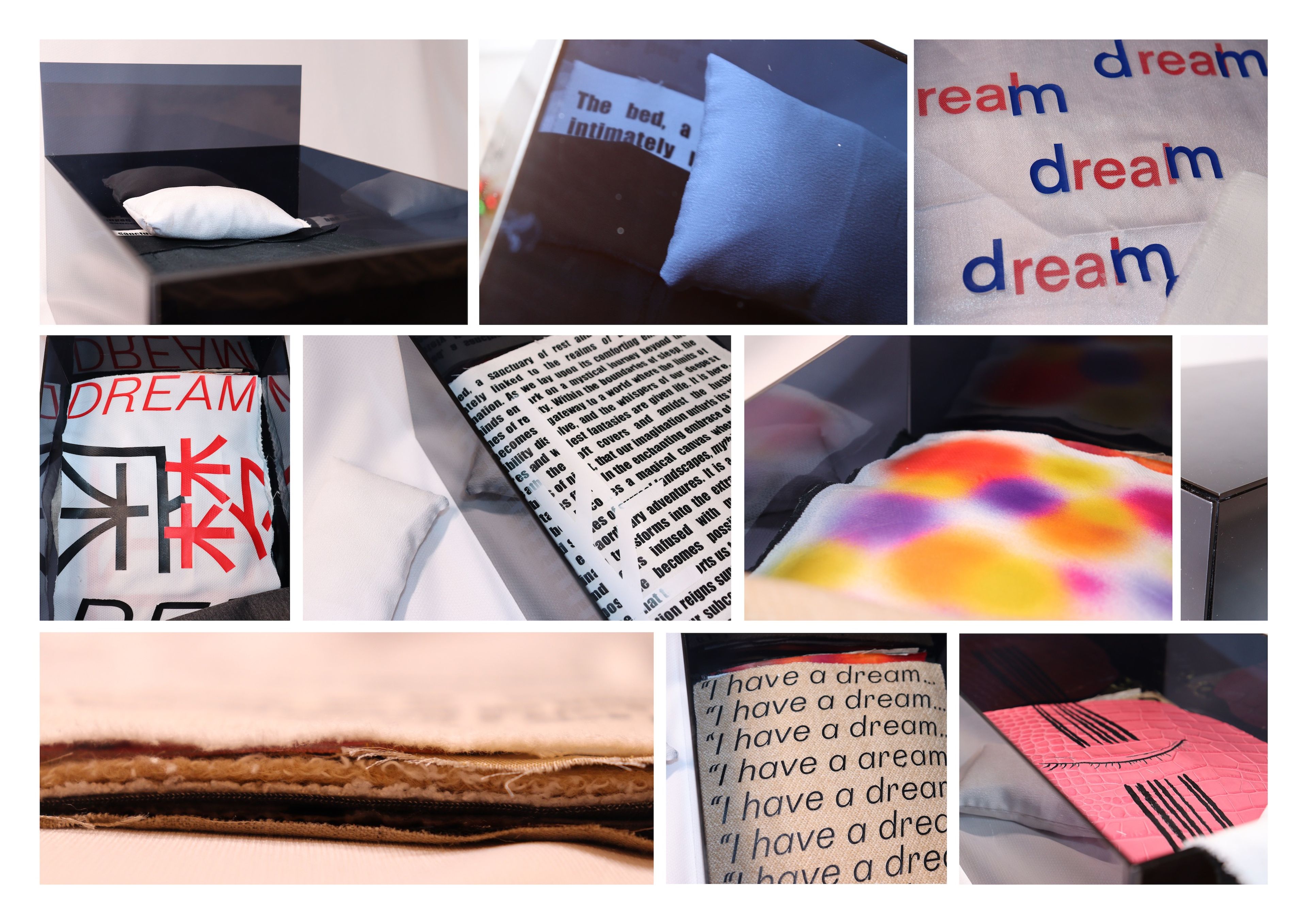 Multimedia art project exploring the theme of dreams through various materials and techniques. Grid layout shows pillows, typography, and textural elements in blue, red and rainbow colour treatments.