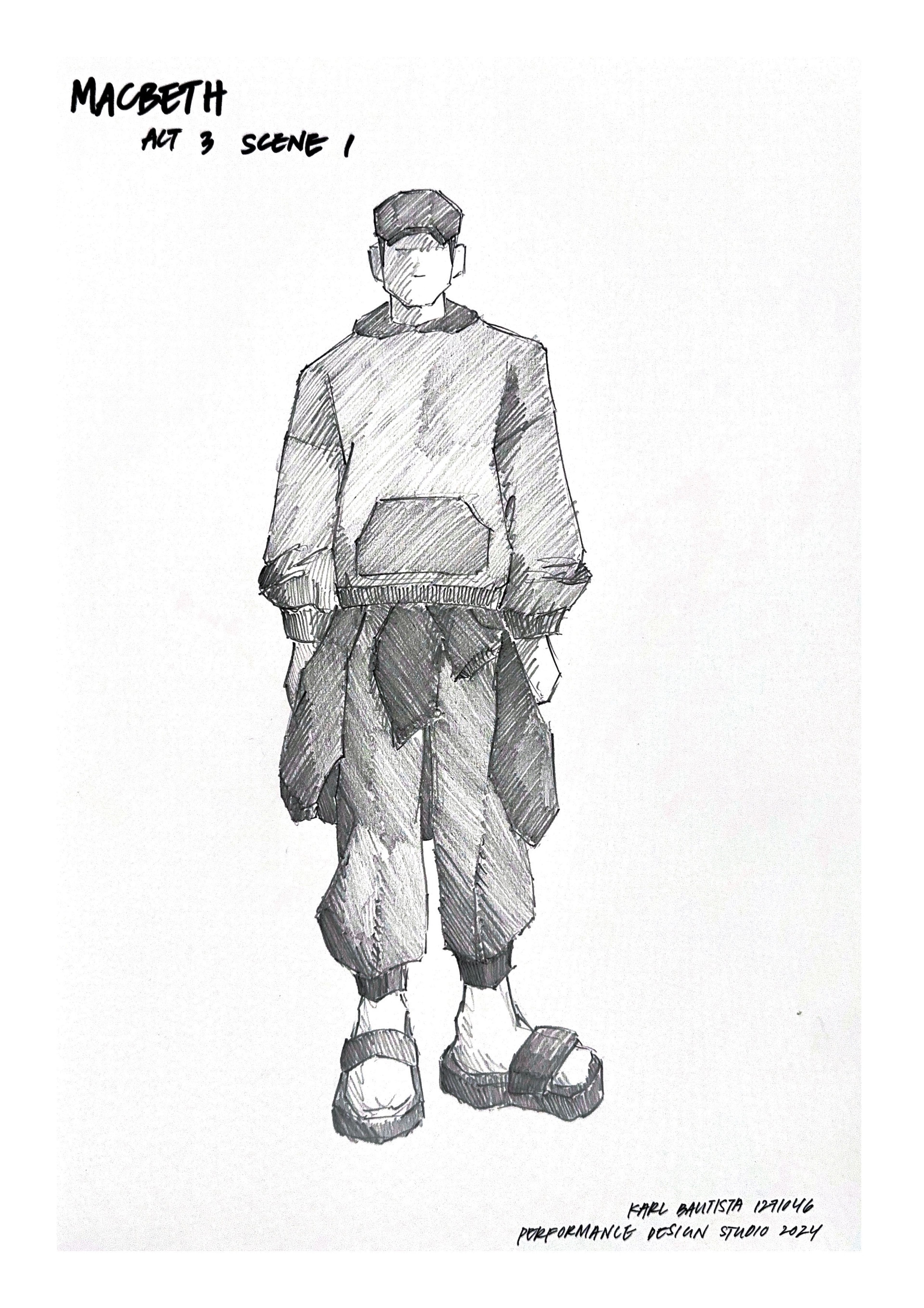 Costume sketch for Macbeth in Act 3, Scene 1, depicting a rough-textured outfit with layered clothing and a cap.