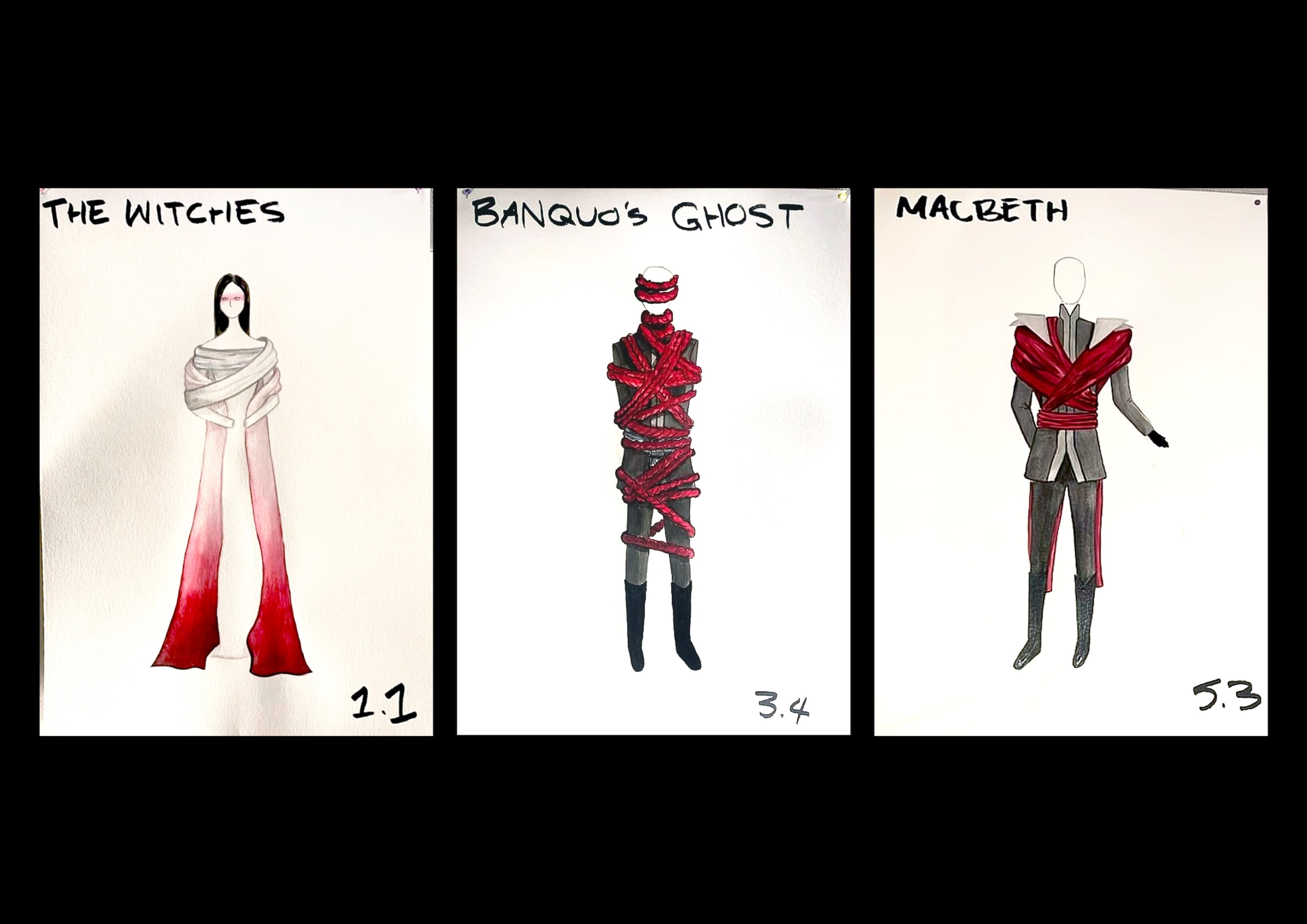 Three costume sketches for characters from Macbeth. From left to right, the designs are titled "The Witches," "Banquo's Ghost," and "Macbeth." Each design features monochromatic outfits with prominent red accents or bindings that wrap around the figures.