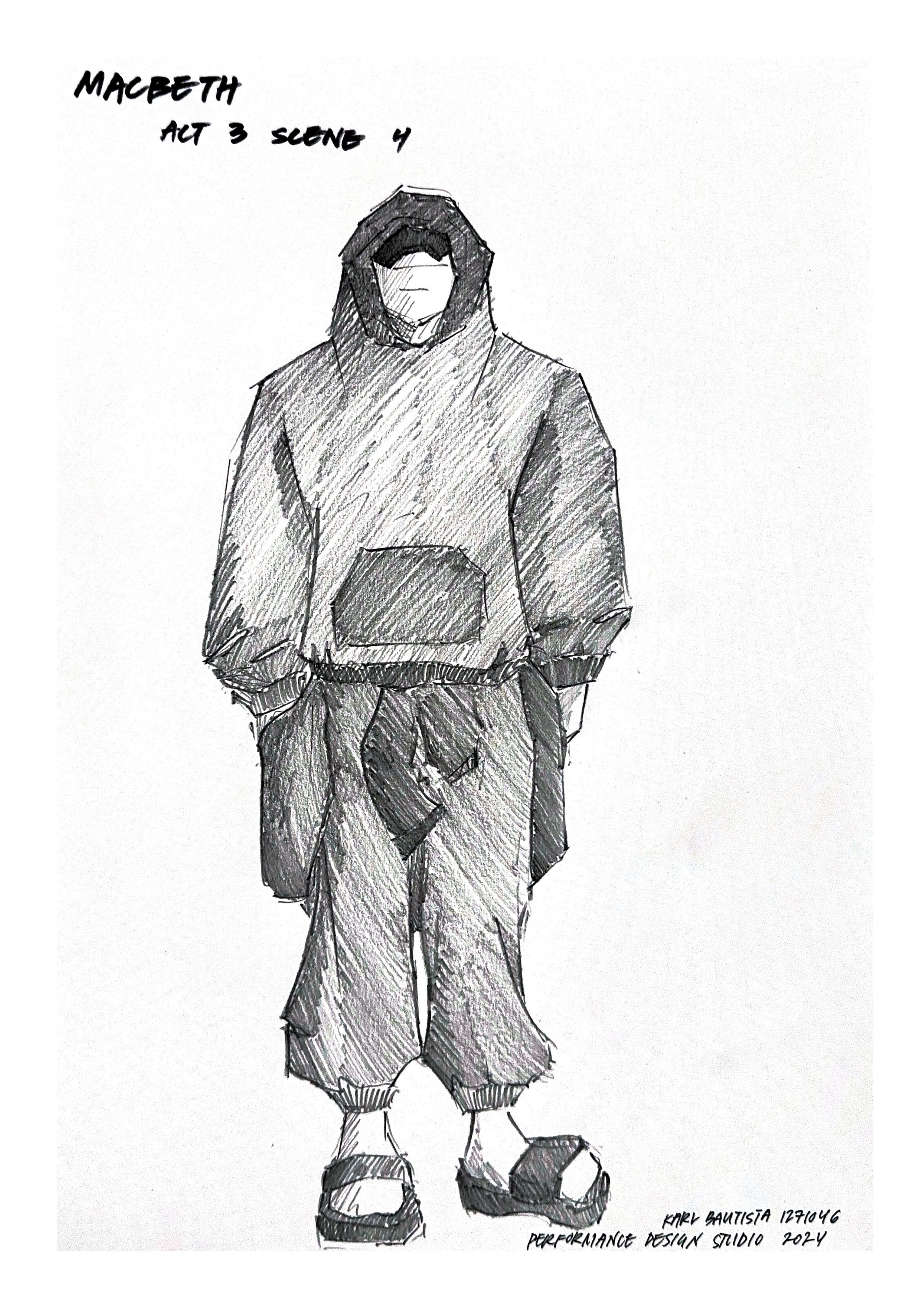 Costume sketch for Macbeth in Act 3, Scene 4, showing a character in a hooded, oversized garment with loose-fitting cargo pants and sandals.