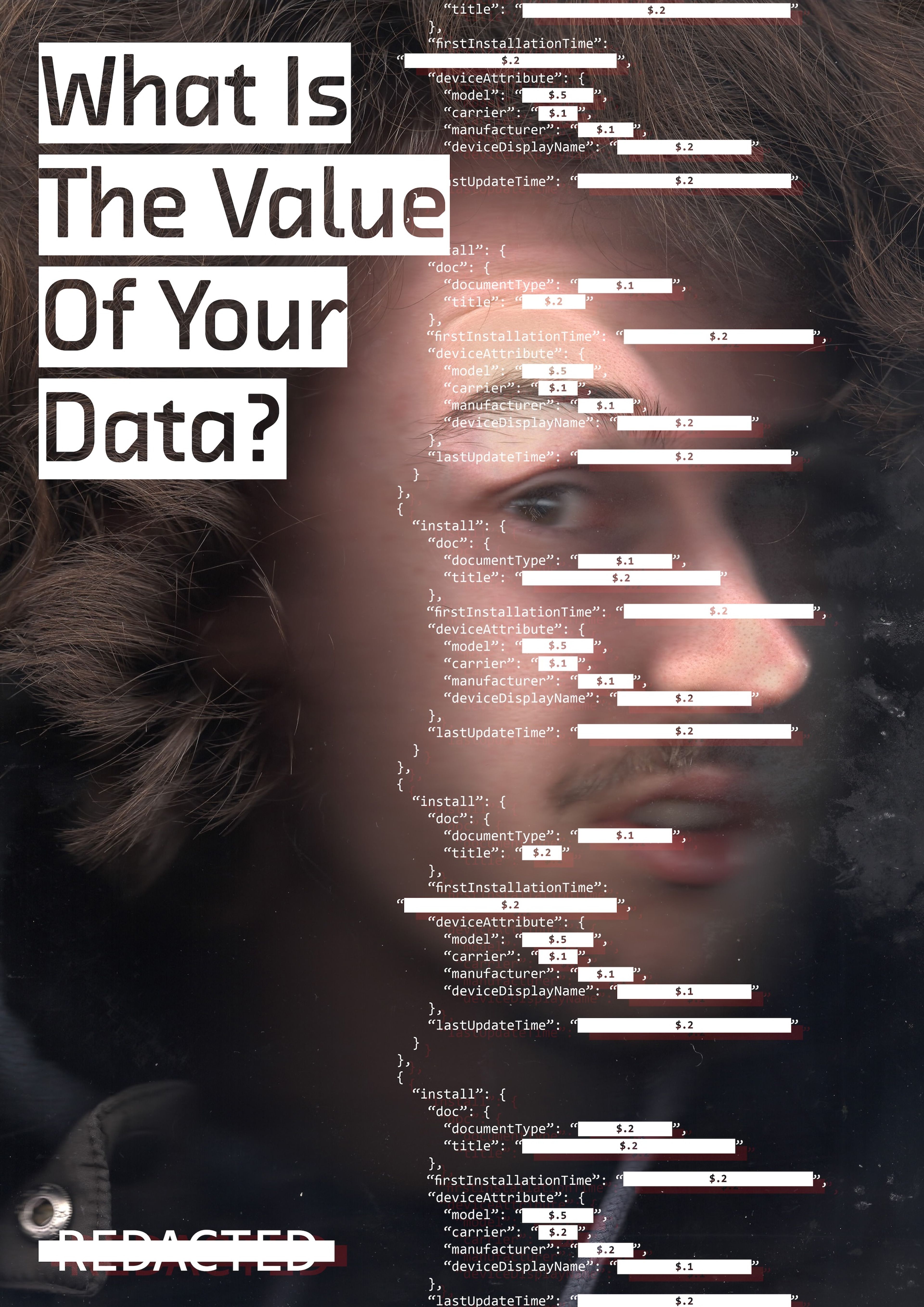 A poster with a face partly obscured by layers of redacted code snippets and a large title that reads, "What Is The Value of Your Data?" The design plays with transparency and data visualisation to emphasise digital privacy themes.