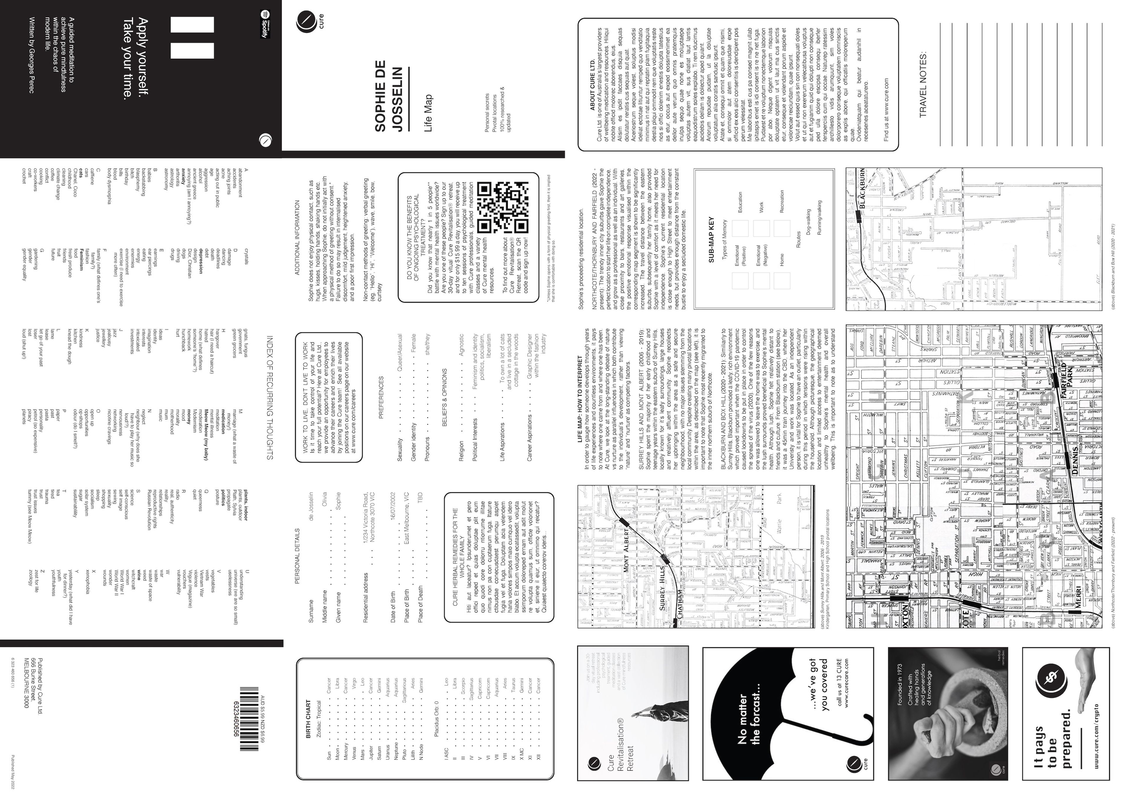 Fold-out map layout designed for a travel guide, titled "Sophie de Josselin Life Map." The map features a combination of text sections, icons, and black-and-white map imagery, providing detailed local information in a clean, well-organised format.