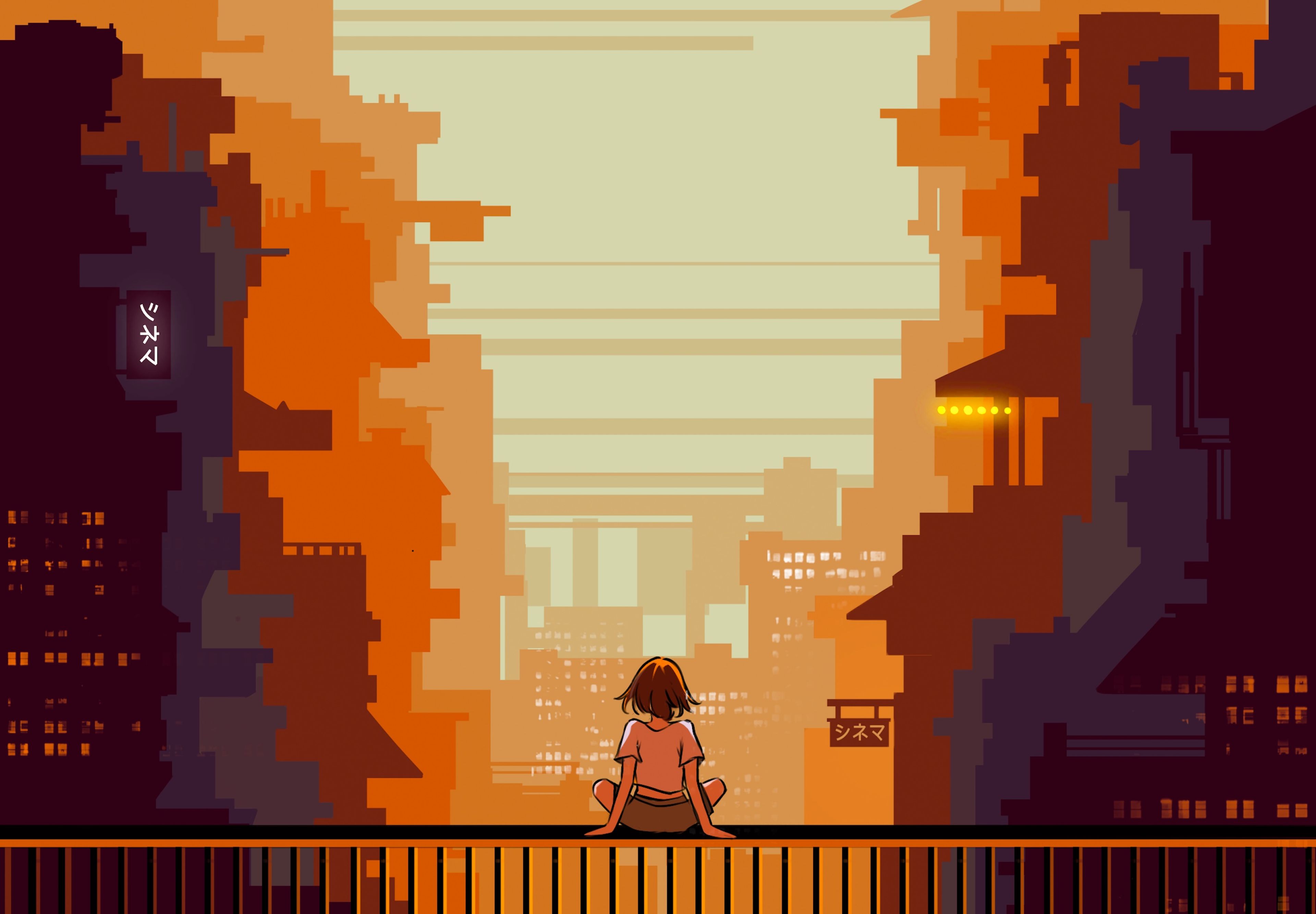 Animation still featuring a solitary figure watching sunset over a Japanese cityscape, with an oranges and deep purple colour palette.