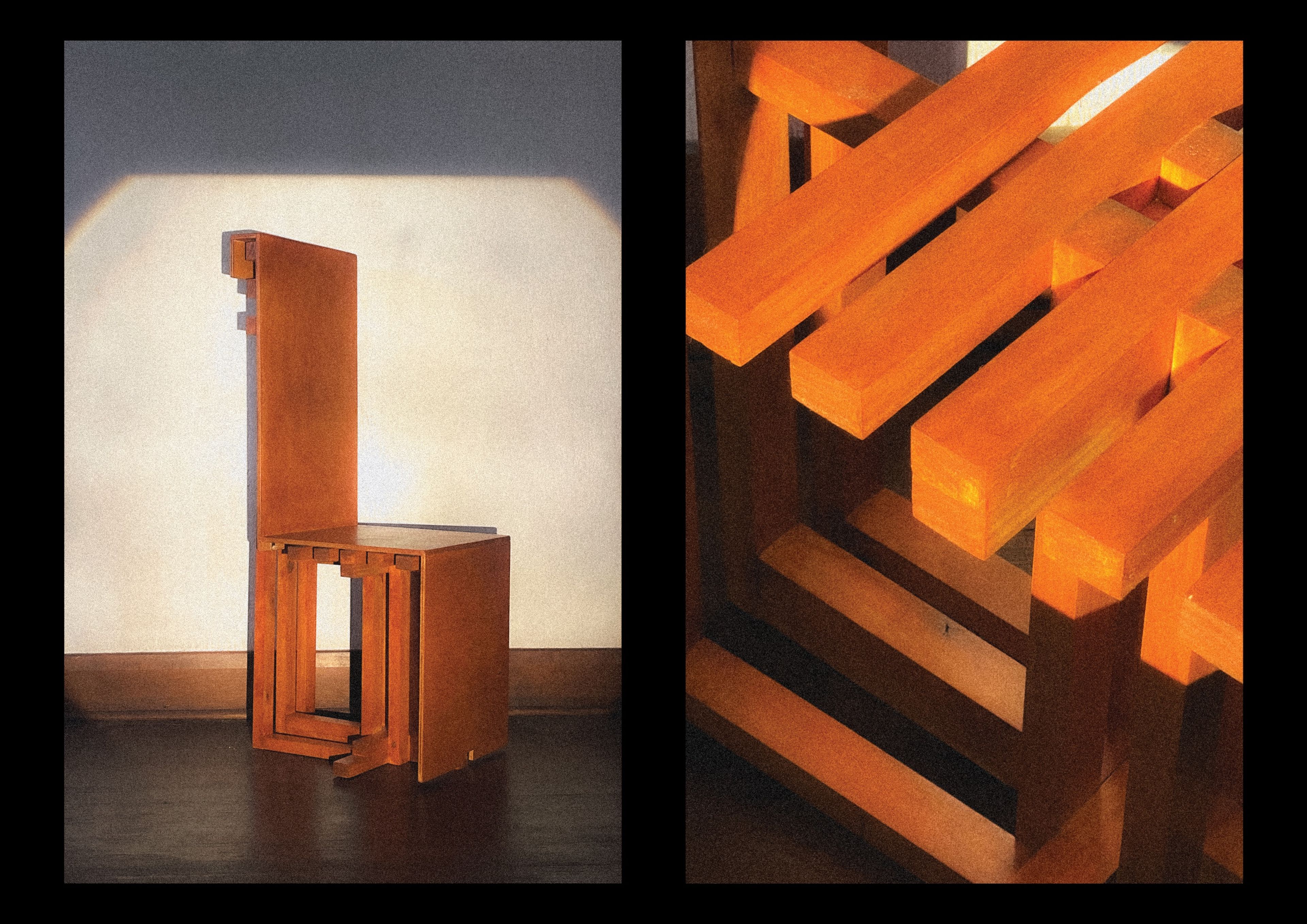 Two side-by-side photos showcasing an abstract wooden chair design. The left image highlights the full chair in warm, direct light, casting a soft shadow on the wall behind. The right image focuses on the intersecting wooden slats, highlighting the construction details and orange-toned wood grain.