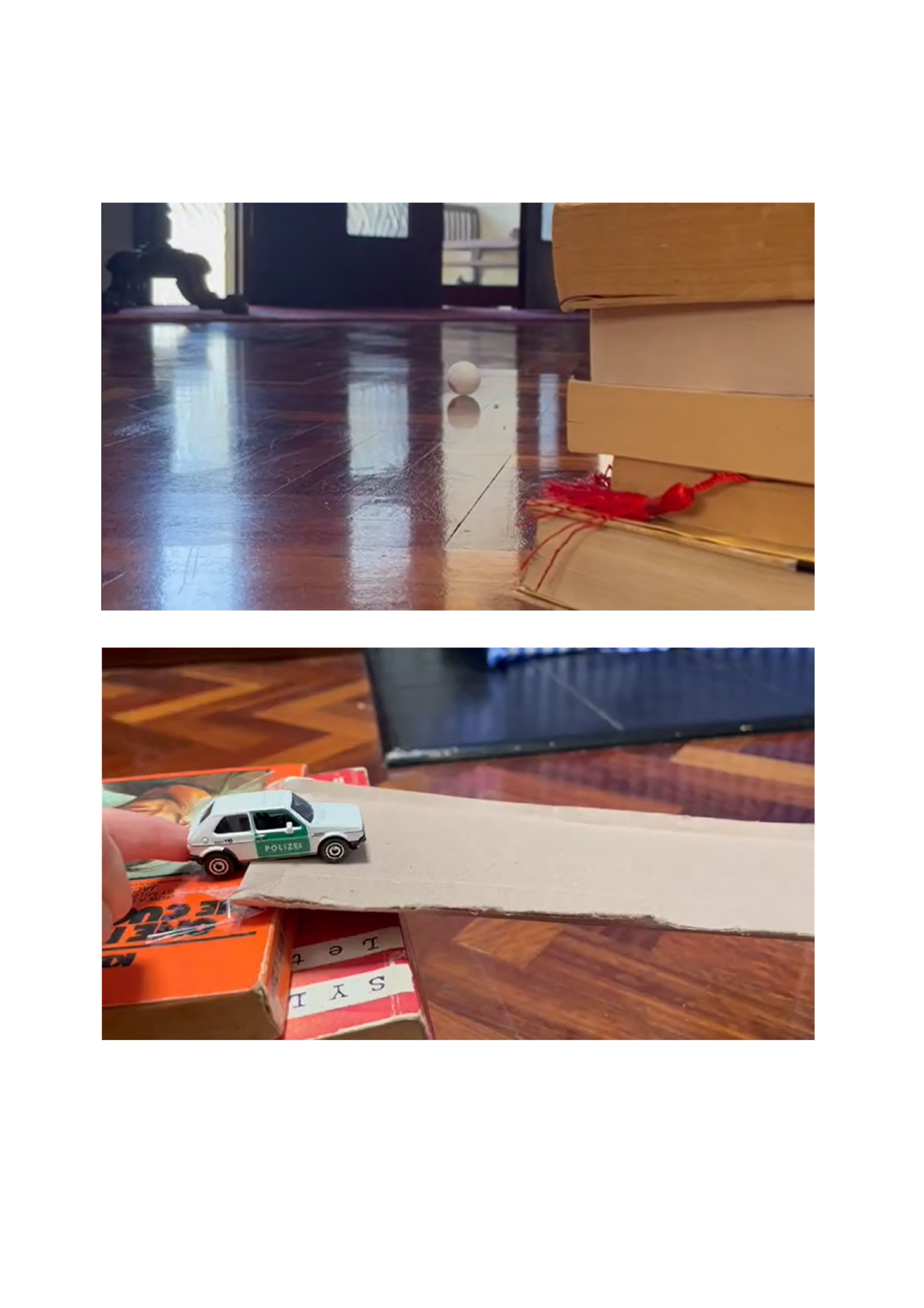 Two film stills. The top features a white ball on polished wooden floorboards near stacked books with red bookmark. The bottom features a miniature police car toy on a cardboard ramp atop stacked board game boxes.