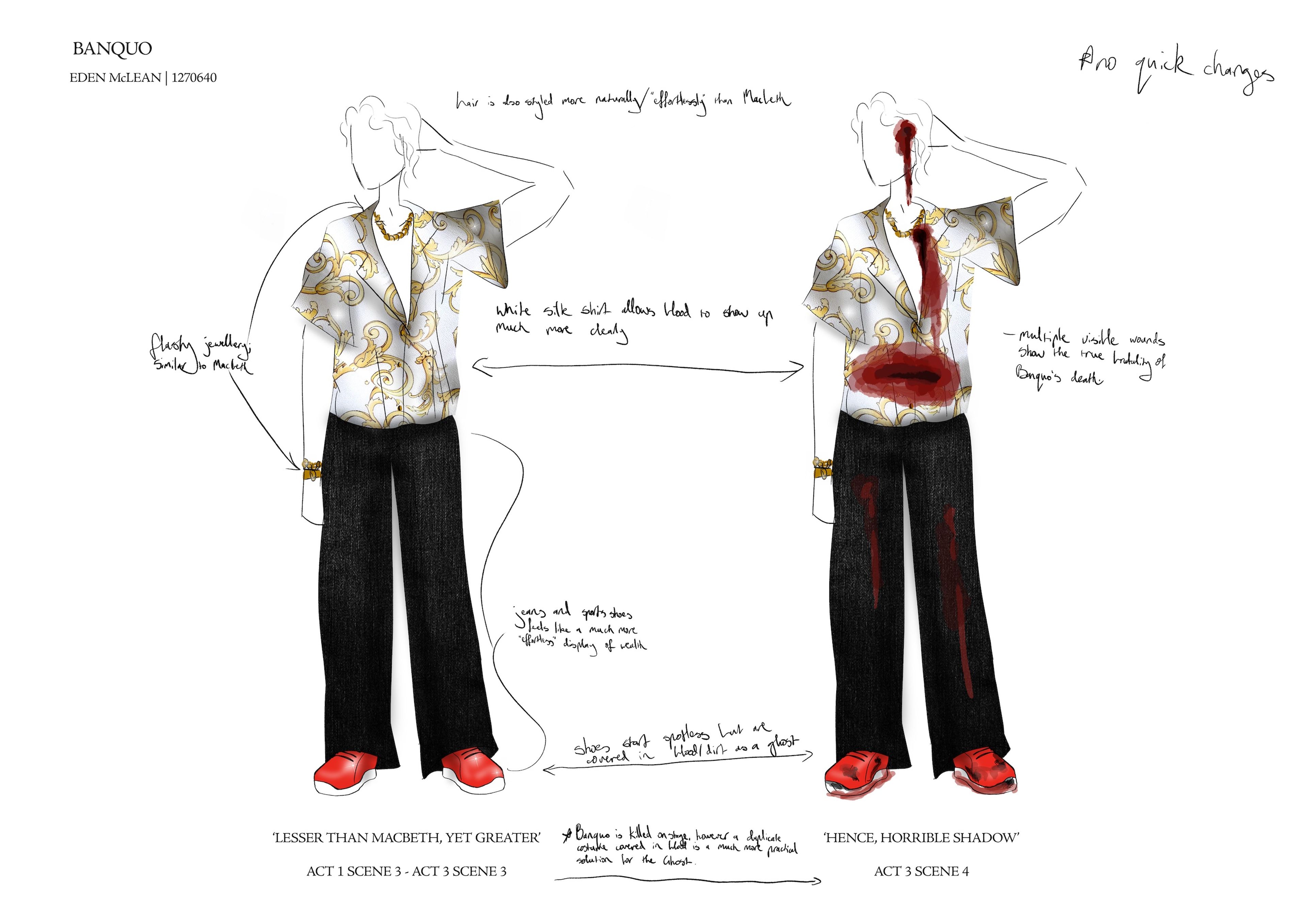 Costume illustrations for Banquo, showing two outfits with white and gold tops, black trousers, and red shoes, annotated with handwritten notes.