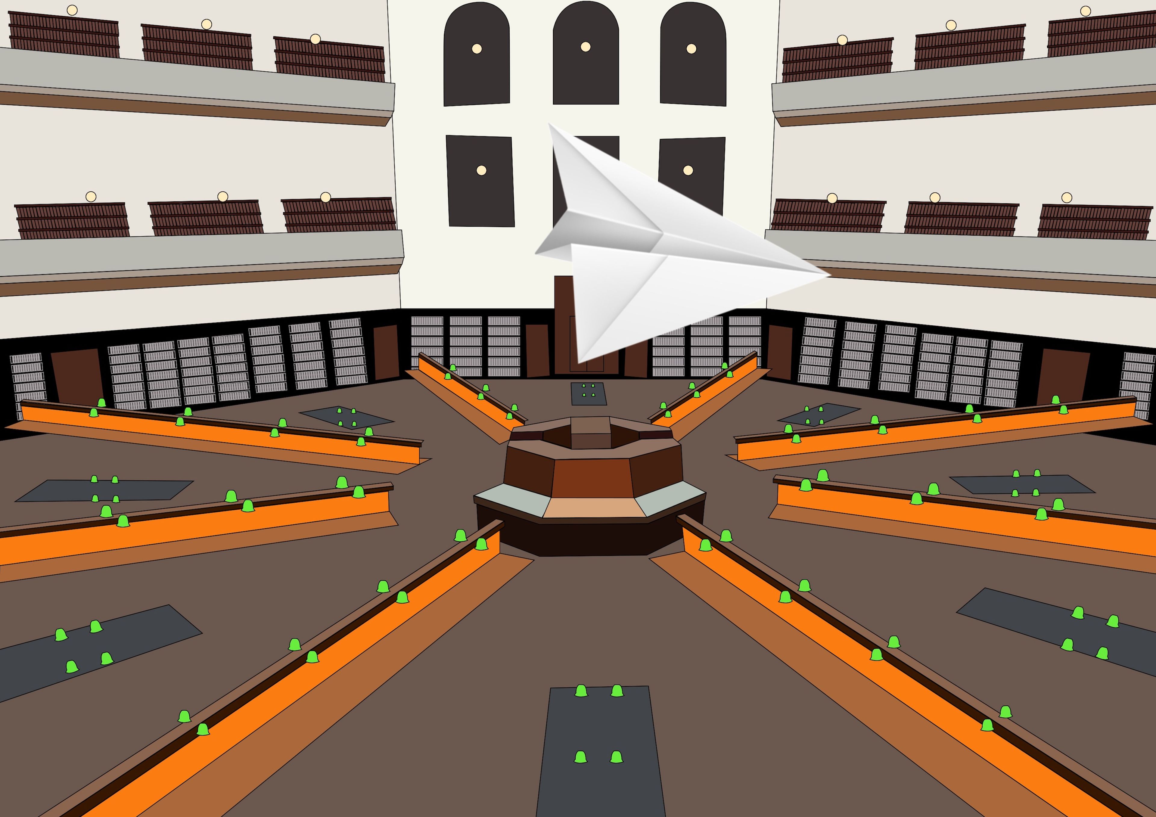 Stylised illustration of a library interior with circular seating arrangement, orange desks, and green lights, featuring an oversized white paper plane floating mid-air, symbolising imagination or escape.