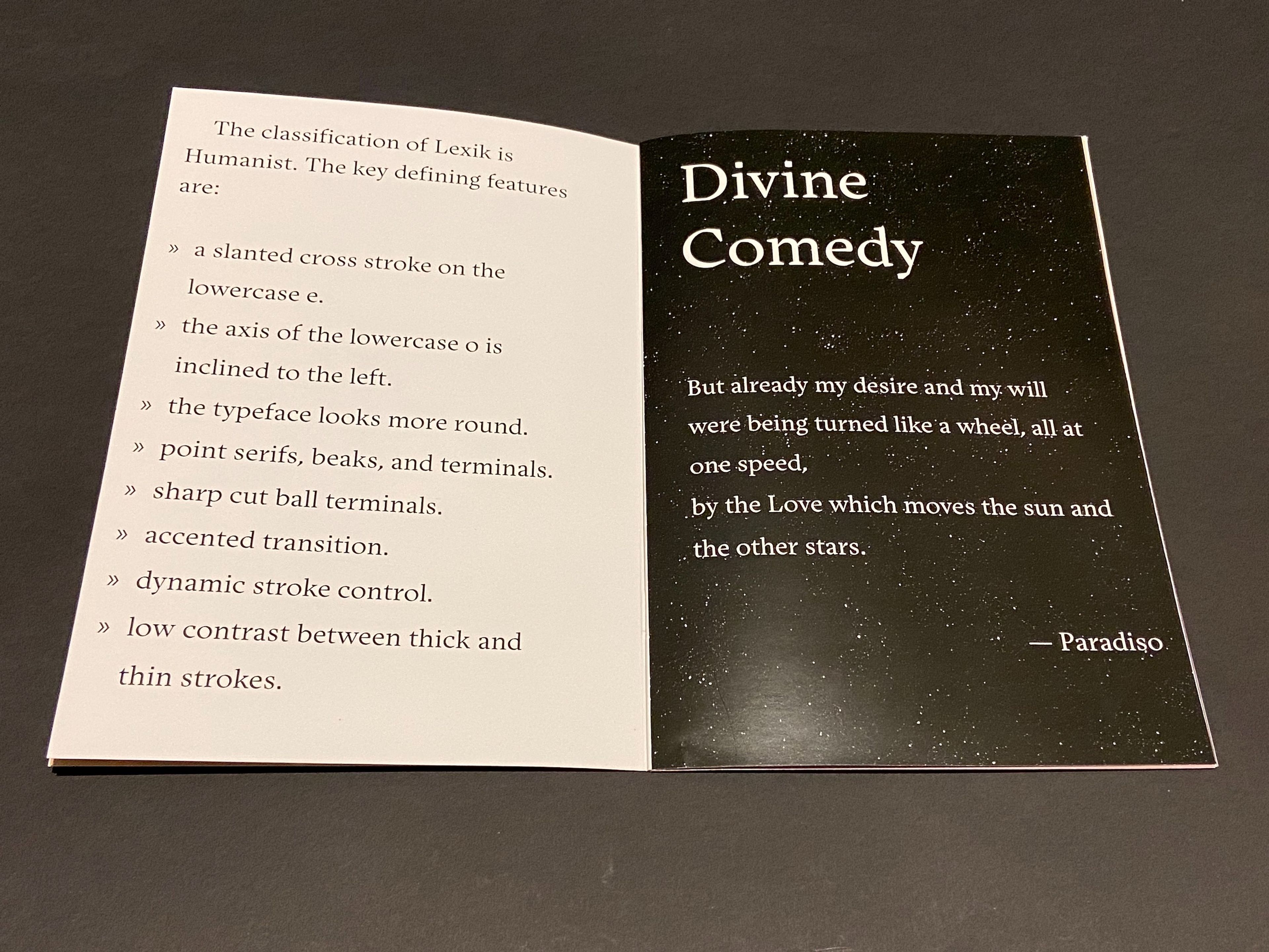 Inside spread of a booklet detailing the "Lexik" typeface, described as Humanist with defining features like rounded forms and slanted strokes. Opposite page features a quote from "Paradiso" in a starry sky background.