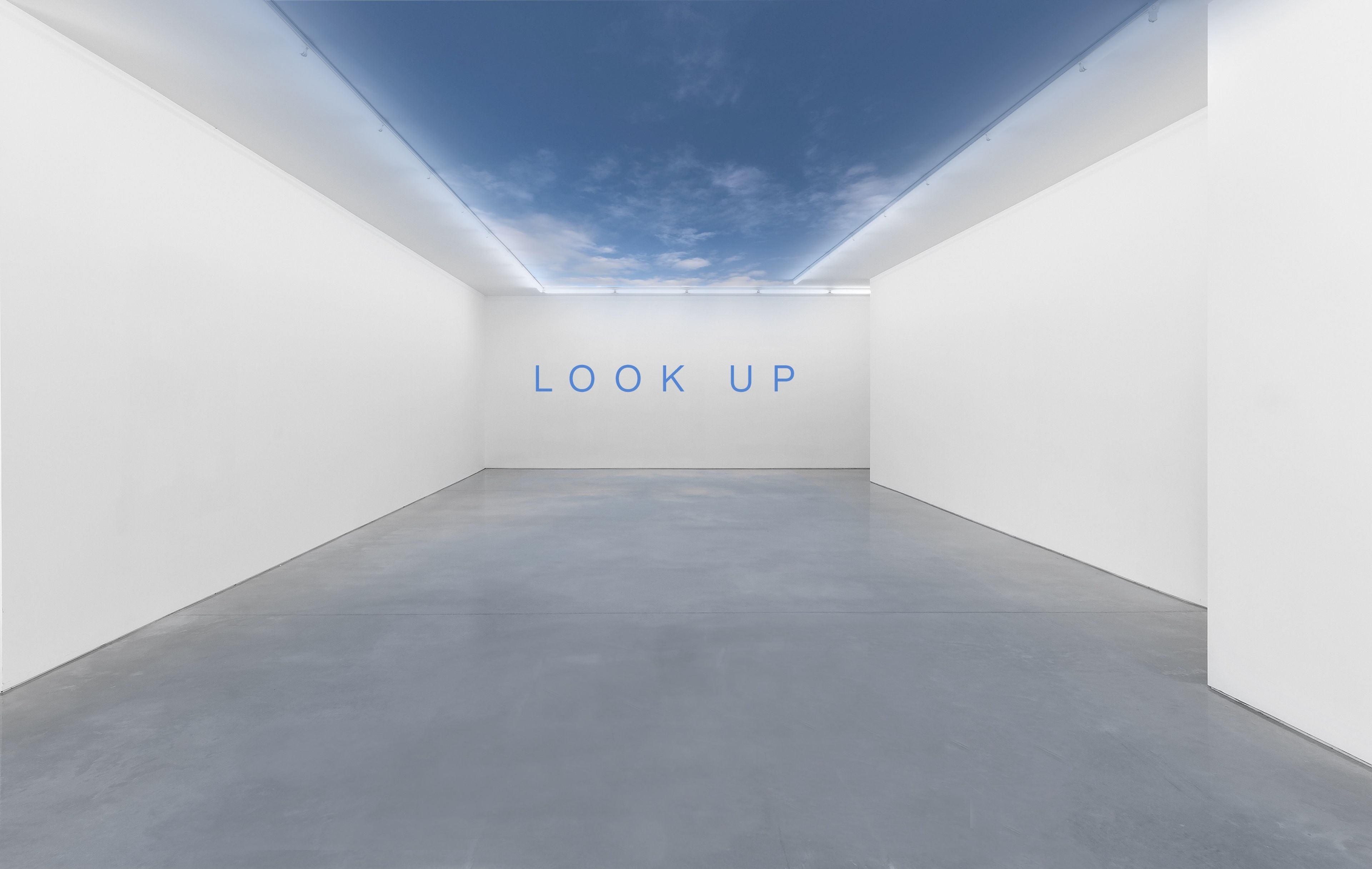 Minimalist gallery space with polished concrete floors and white walls. The ceiling features a digital sky display, simulating a realistic blue sky with clouds. The phrase 'LOOK UP' in light blue capital letters is centred on the far wall, inviting visitors to gaze upwards.