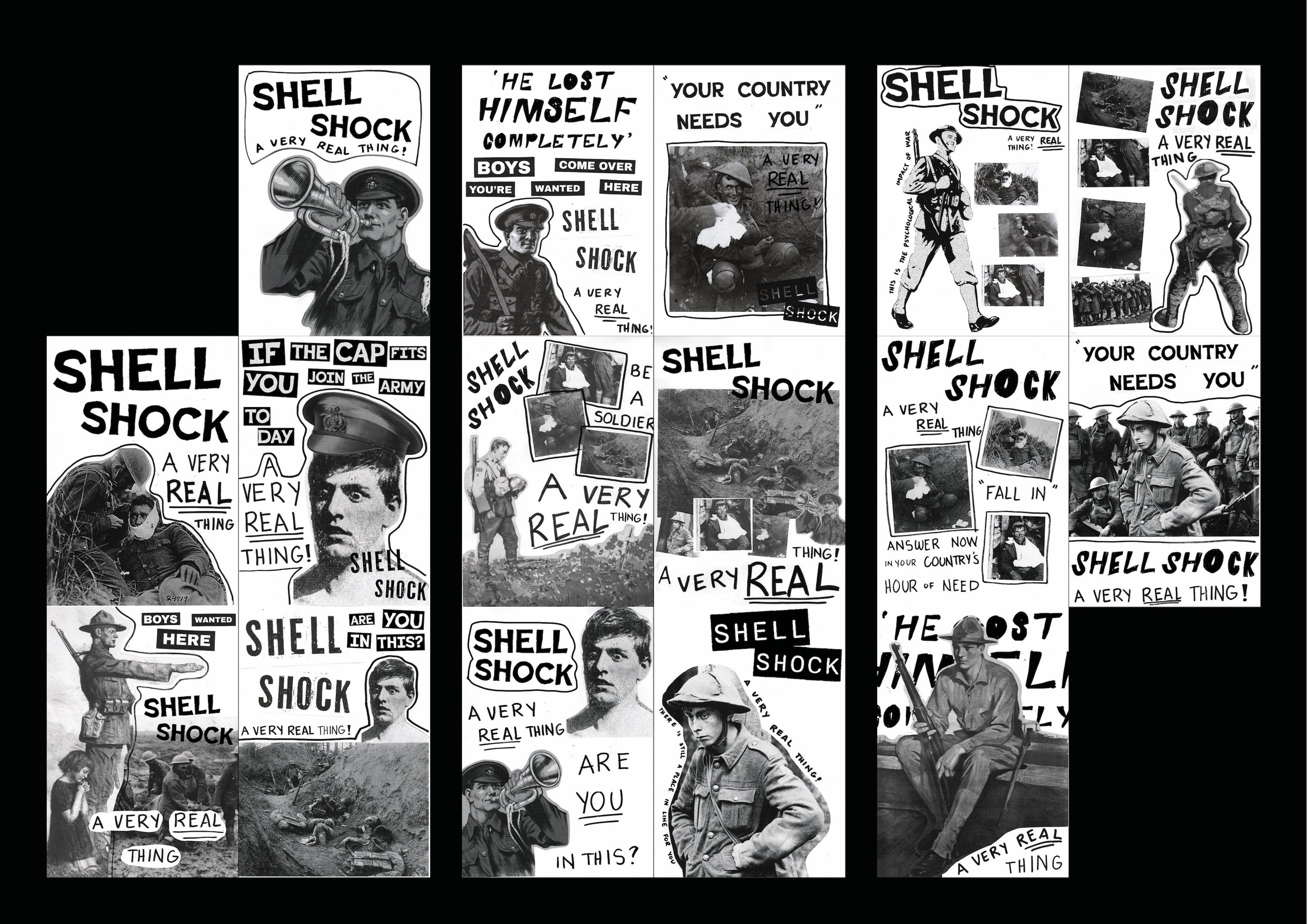 A series of monochrome posters on war trauma, with the phrase "SHELL SHOCK: A VERY REAL THING" in bold type. Collaged images of soldiers and hand-drawn text create a gritty, DIY zine effect, emphasising urgency and realism.