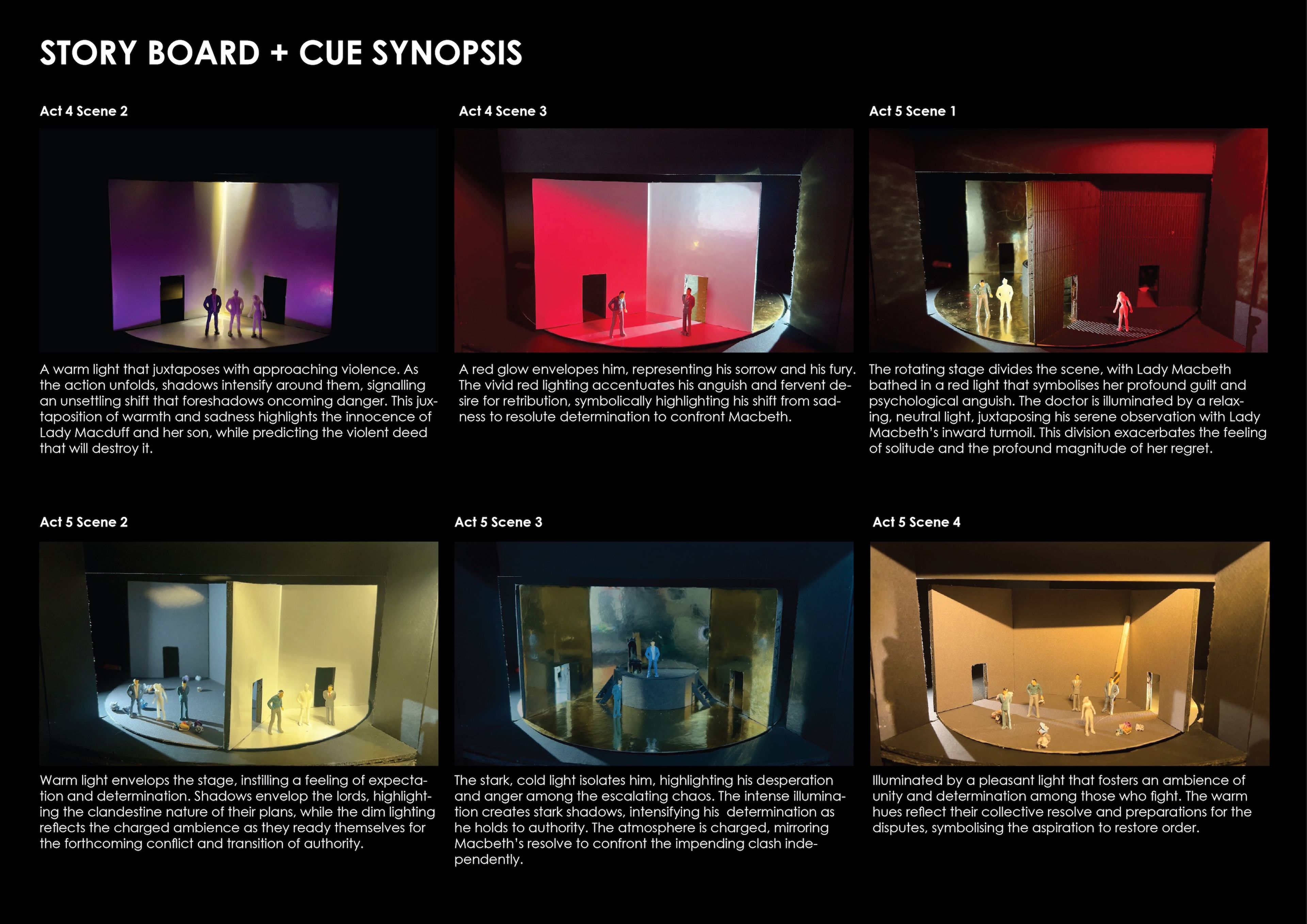 Storyboard for Act 4, featuring set models with lighting variations that emphasise conflict resolution and thematic closure, using warm and neutral tones.