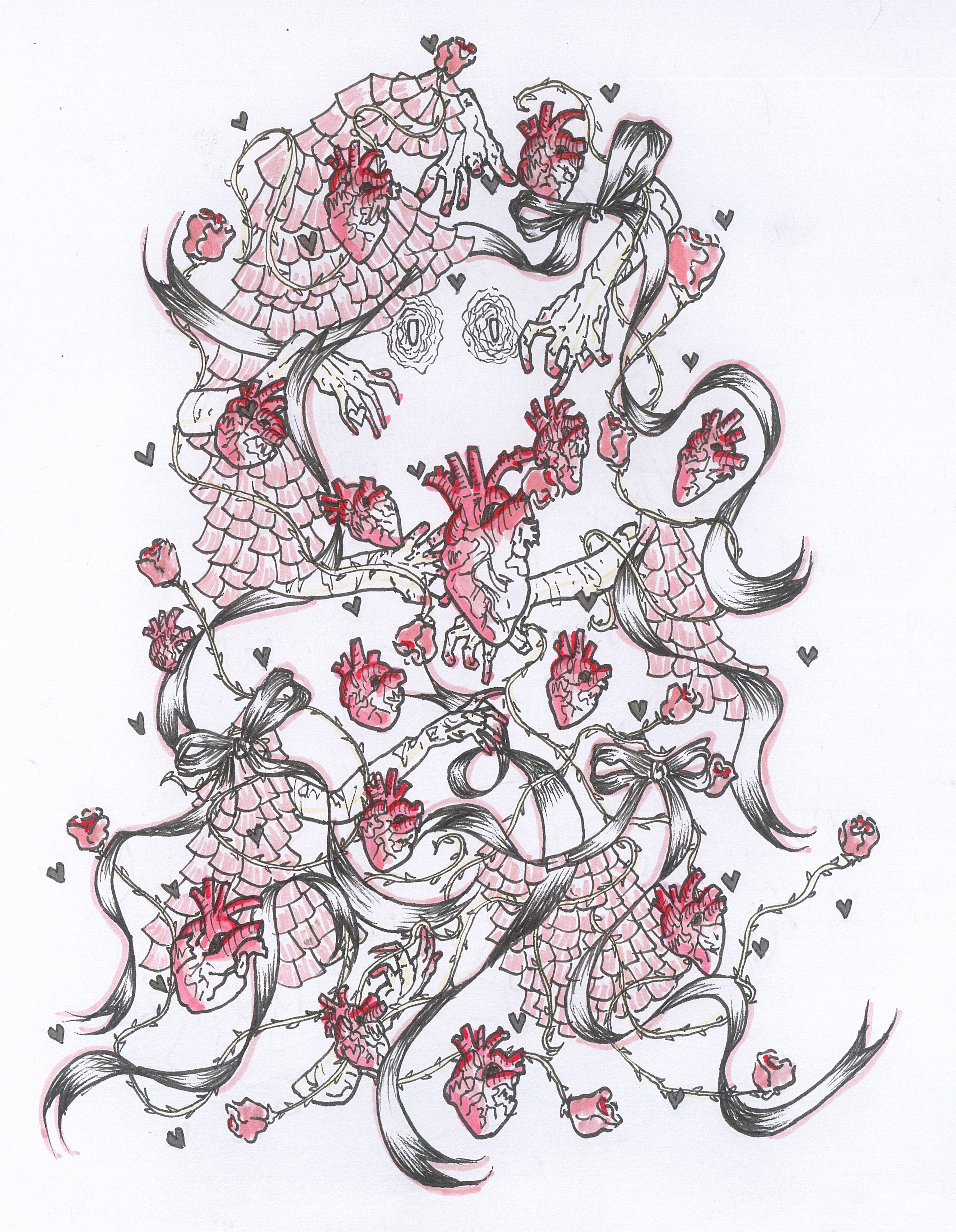 An intricate illustration of two symmetrical, lace-like compositions framing anatomical hearts, tied together with flowing ribbons. The design includes delicate, heart-shaped motifs scattered throughout.