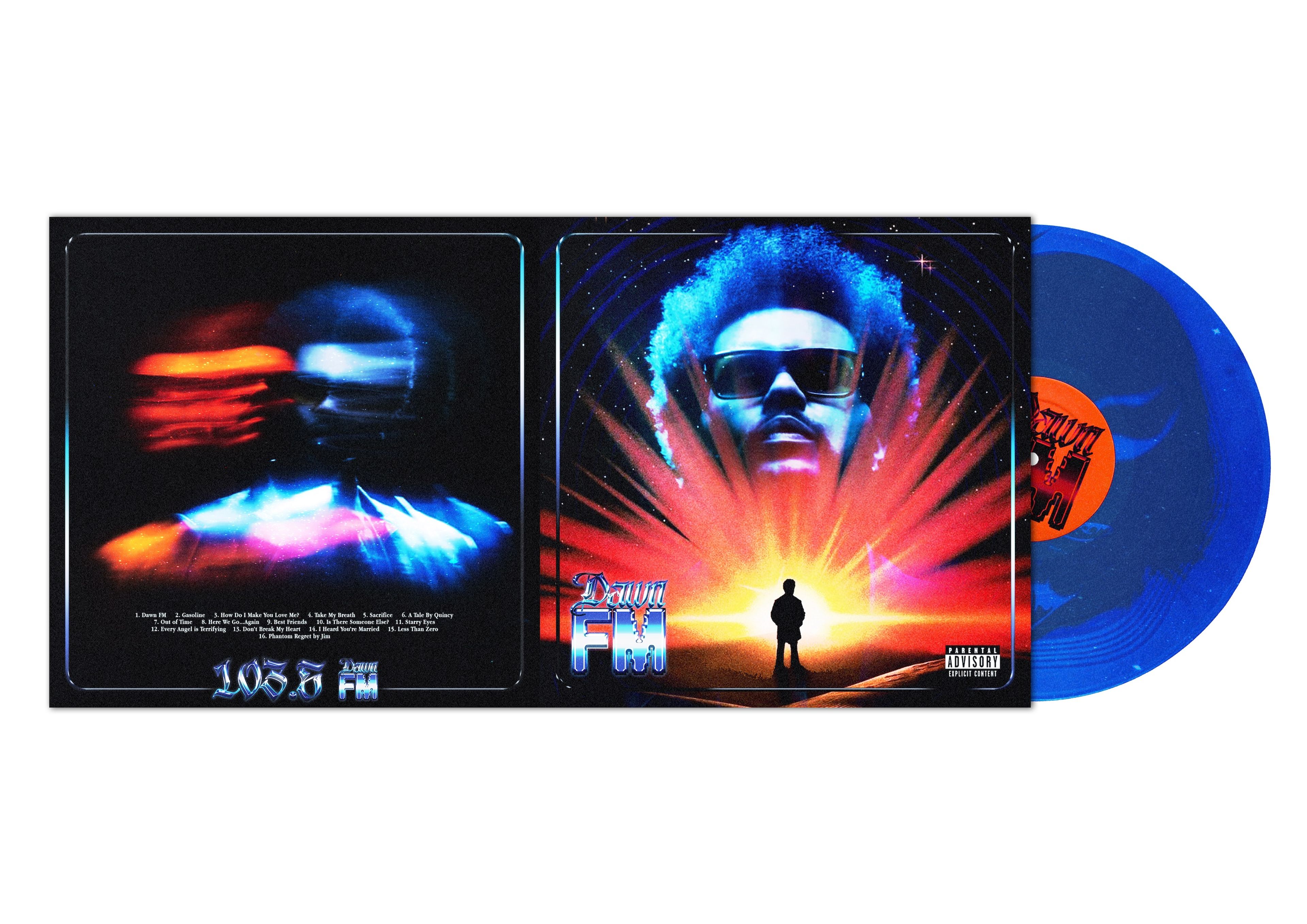 Album artwork for 'Dawn FM' by The Weeknd, showing vinyl record and gatefold cover. Front cover depicts the artist with blue-lit afro against a sunset backdrop. Back cover features motion-blur portrait in red and blue lighting. Blue vinyl record partially visible.