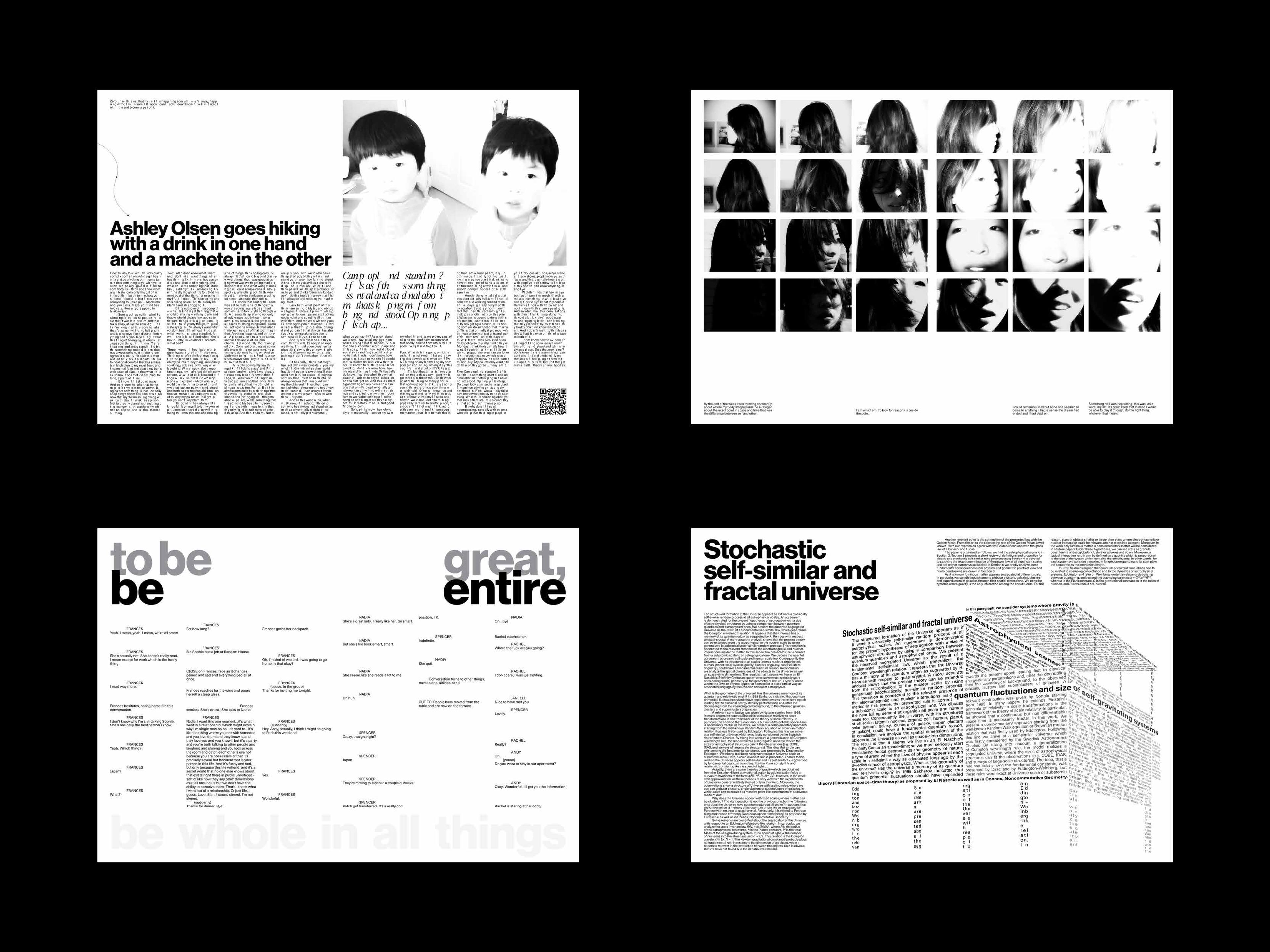 A series of four minimalist black-and-white editorial layouts featuring bold typography, experimental photography, and dense text blocks