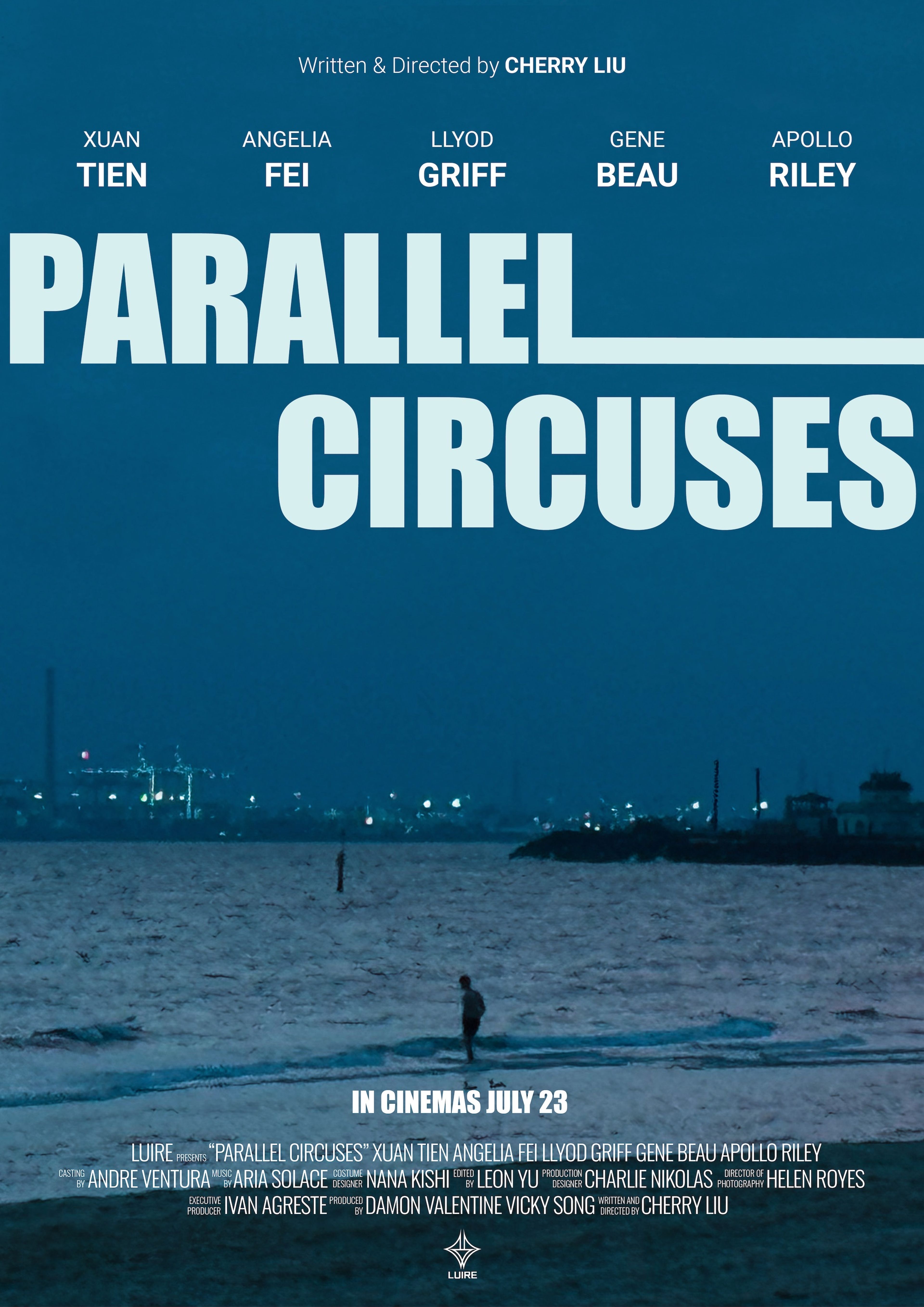 Deep blue-toned poster with the title "Parallel Circuses" in large, pale blue capital letters. A lone figure stands on the shore, silhouetted against a distant cityscape. Cast names appear at the top in a clean, modern font, enhancing the cinematic style.