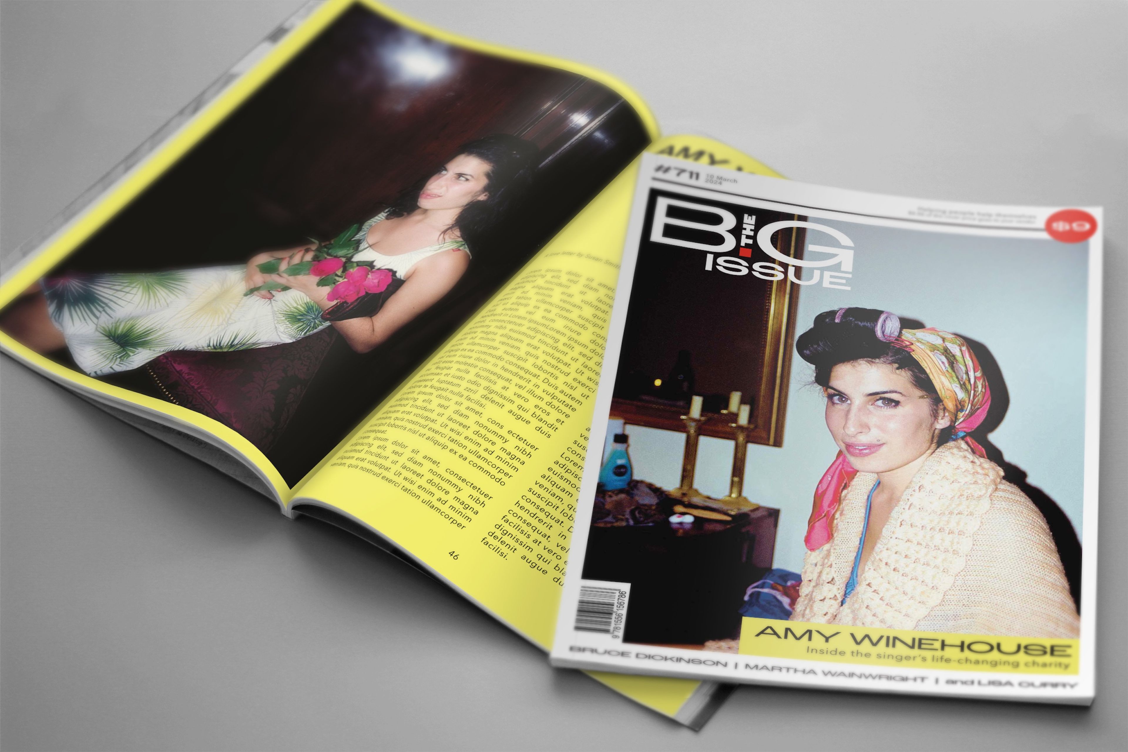 Mockup of a magazine spread for The Big Issue, featuring a cover image of Amy Winehouse with a vintage aesthetic. The inner page shows a close-up photograph of Winehouse holding a bouquet, overlaid with text. The design captures an intimate, nostalgic atmosphere.