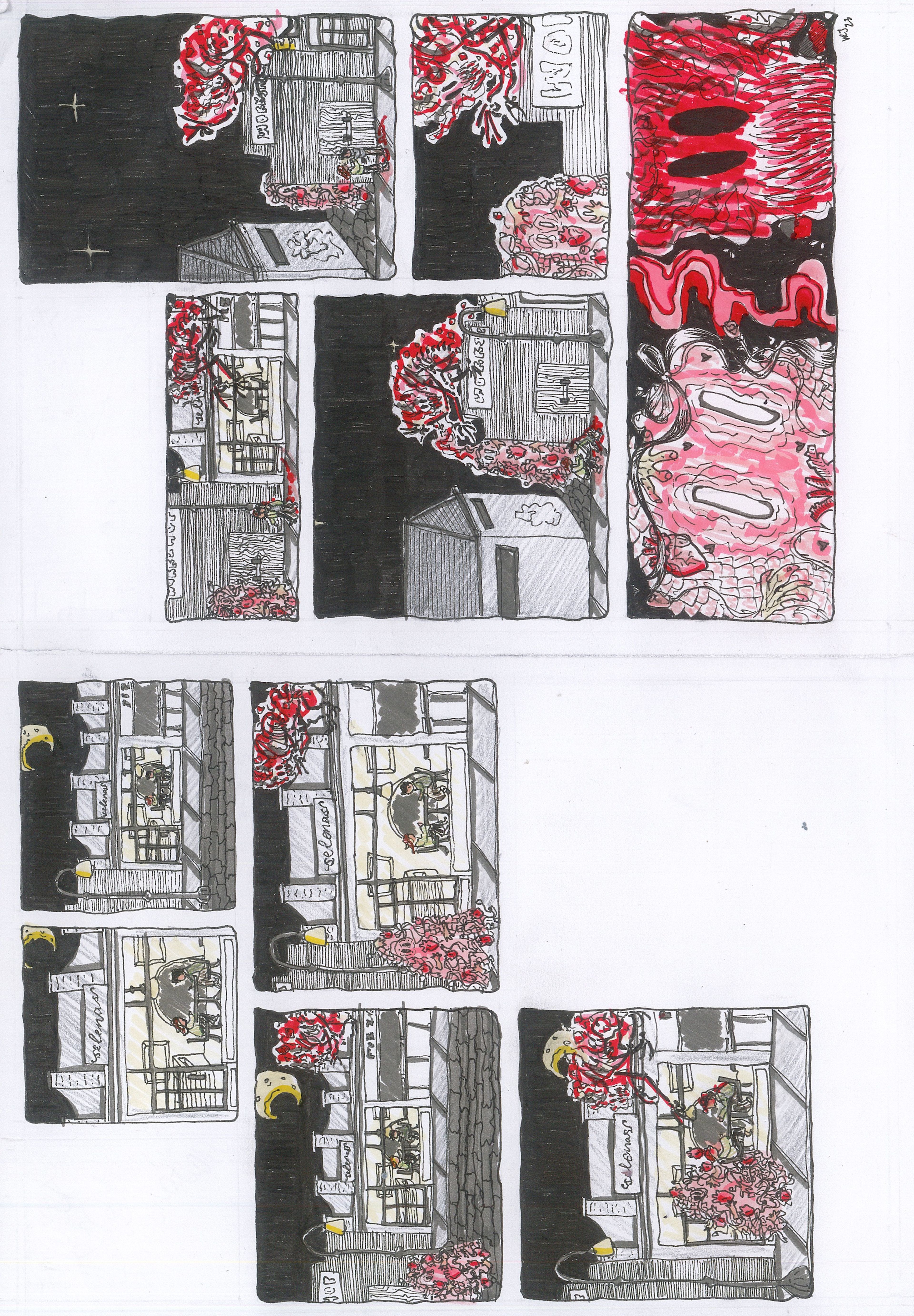 A comic-style layout featuring panels illustrating a dark urban scene with detailed buildings and windows. Red organic forms, reminiscent of veins or tendrils, weave throughout.