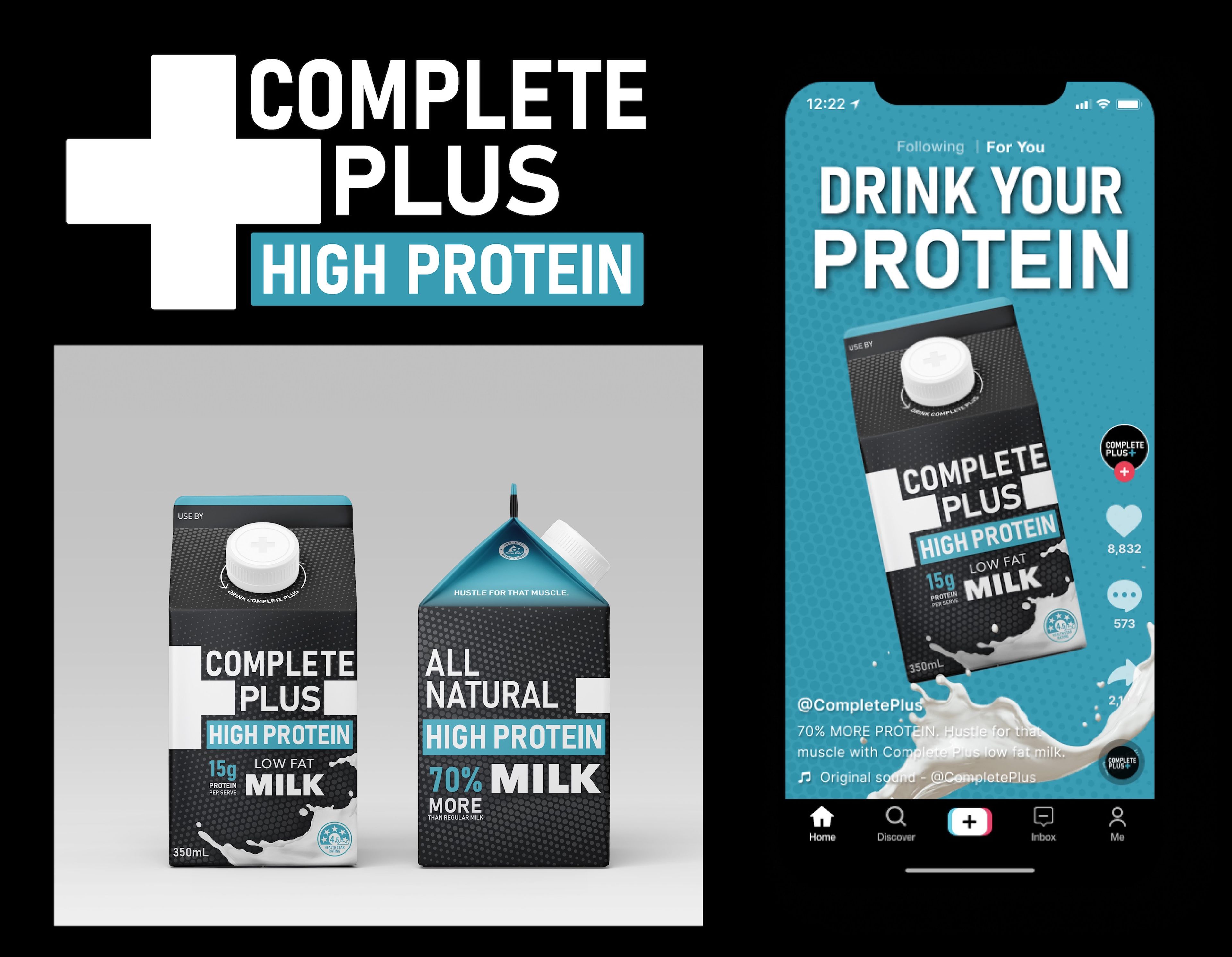 A triptych showcasing branding for “Complete Plus High Protein” milk. The left side features the product logo with a bold cross and blue text on a black background. The centre displays two black milk cartons, one rectangular and one triangular, with blue and white labels advertising “15g protein” and “low fat milk.” On the right, a mockup of a social media post promotes the product with the slogan “Drink Your Protein,” displaying interaction icons.