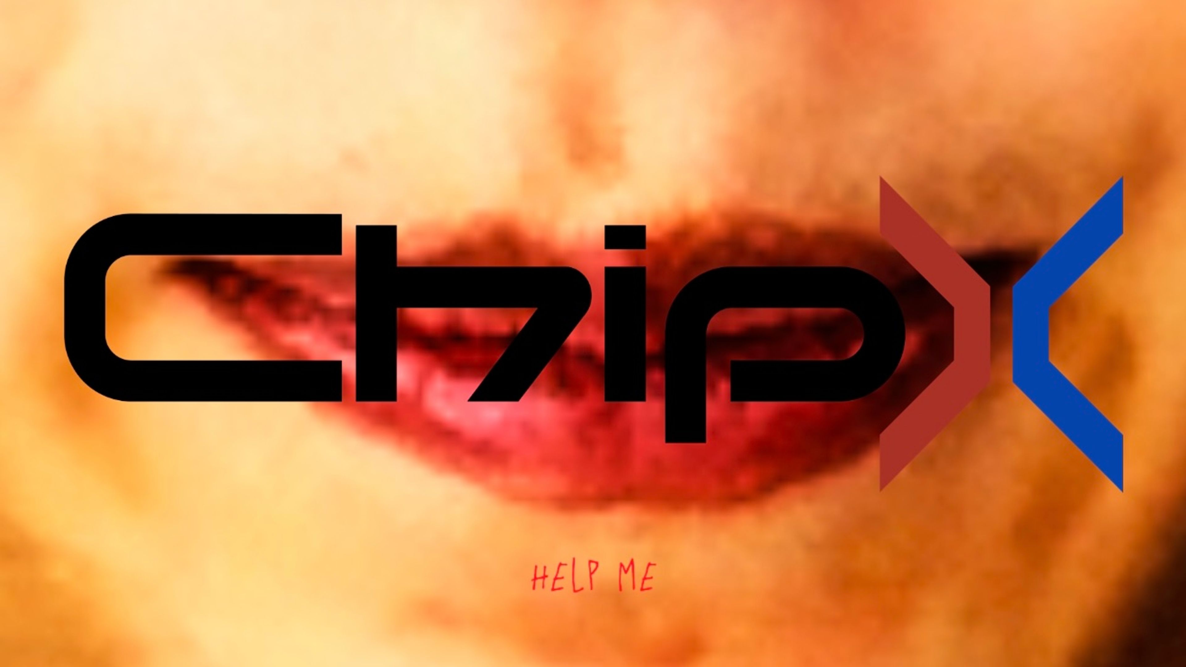 Logo design for "ChipX" overlaid on an out-of-focus close-up of red-tinted lips, with the text "Help Me" faintly written in red beneath the logo. The bold, stylised text contrasts with the warm, blurred background.