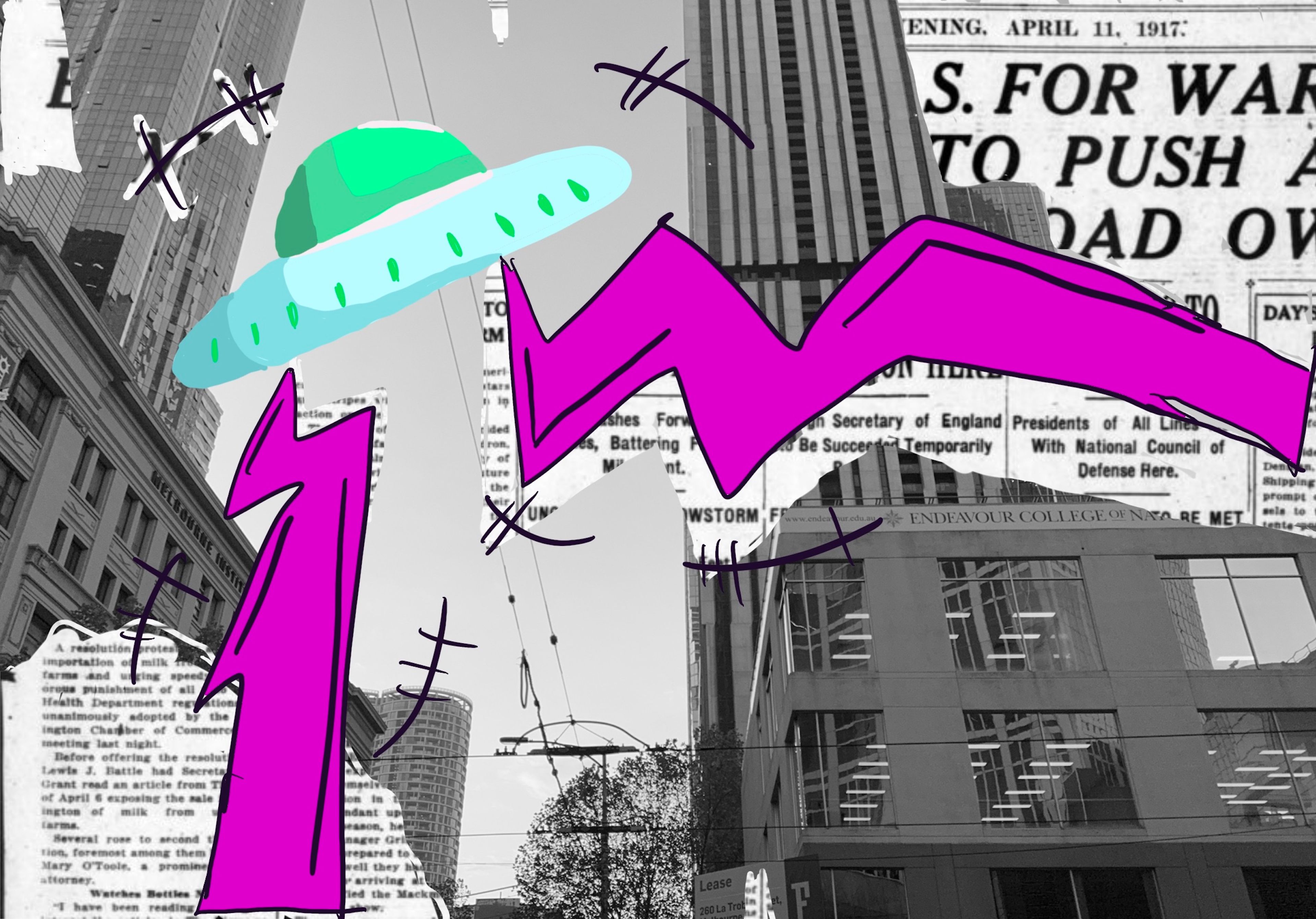 Animation still with digital illustration overlaid on black and white cityscape, featuring a bright magenta geometric pattern and mint green UFO. Vintage newspaper headlines from 1917 visible in background, creating contrast between historical and contemporary elements.