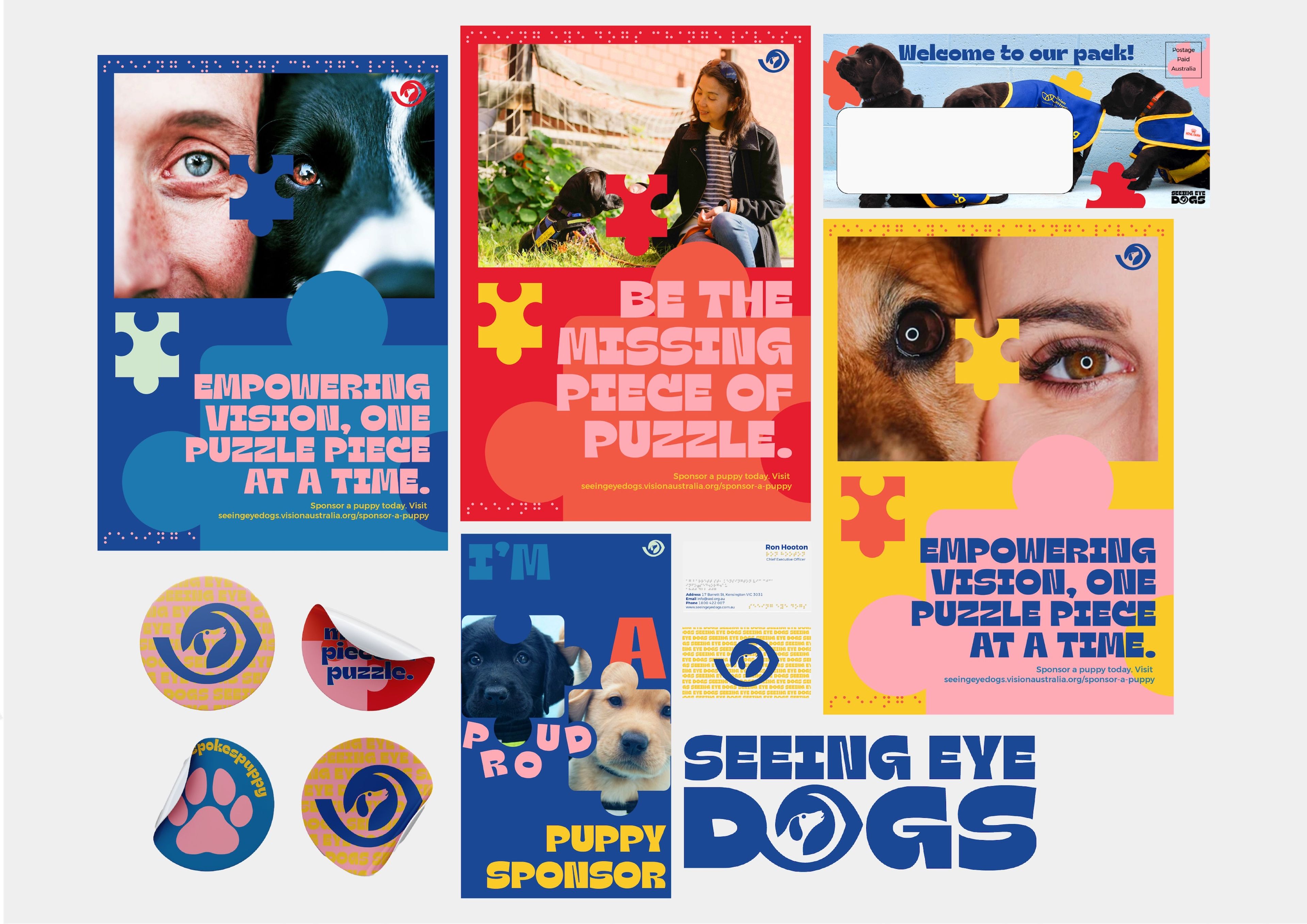 Seeing Eye Dogs fundraising campaign collateral featuring playful puzzle piece motif. Collection includes posters with messages like 'Empowering Vision, One Puzzle Piece at a Time' in bright colours (blue, red, yellow). Design elements include split photos of human and dog eyes, stickers with paw prints, and organisation logo.