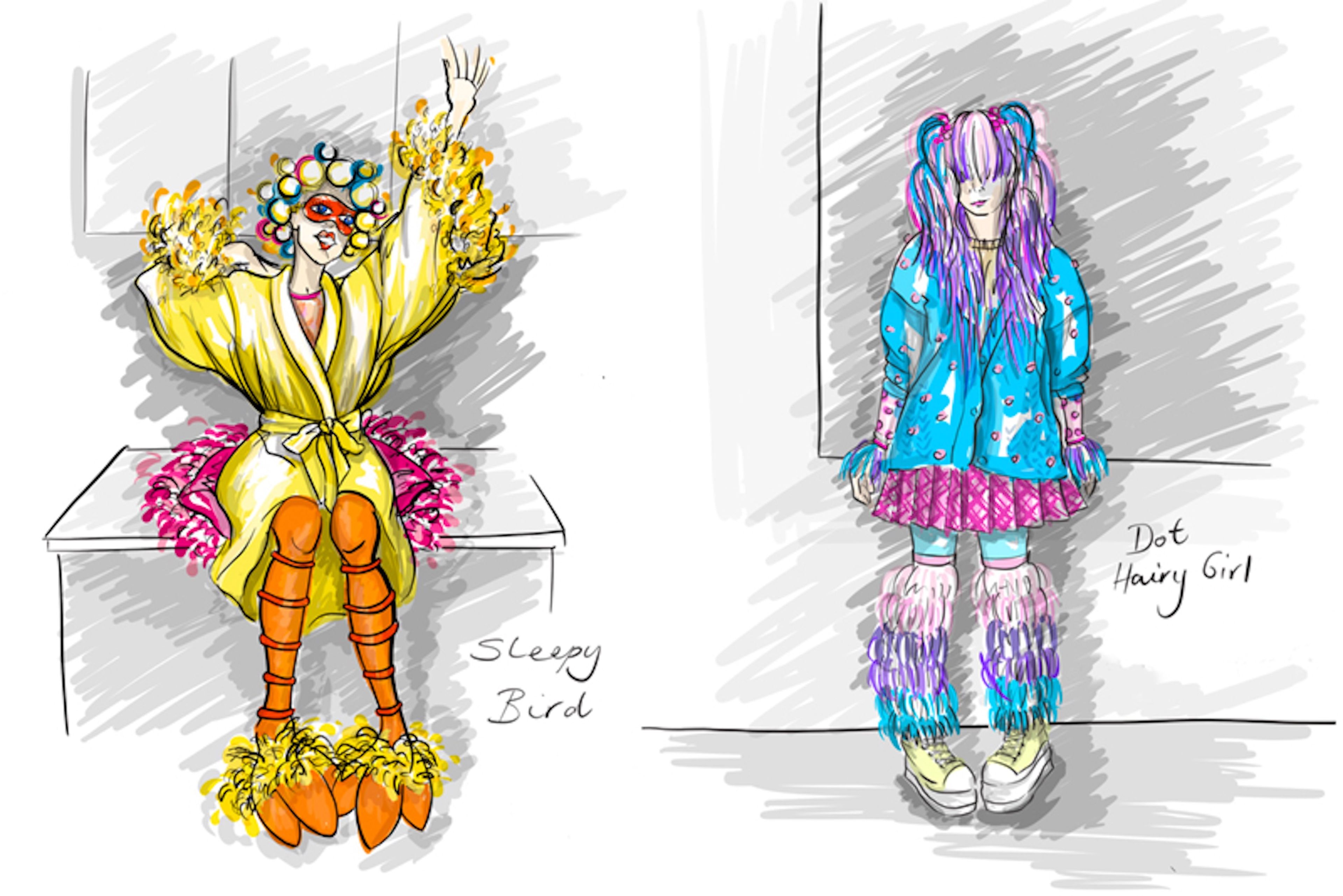 Digital costume illustrations for two characters: 'Sleepy Bird' in a yellow robe with orange legs and feather details, and 'Dot Hairy Girl' in a turquoise cardigan with multicoloured hair and furry boots