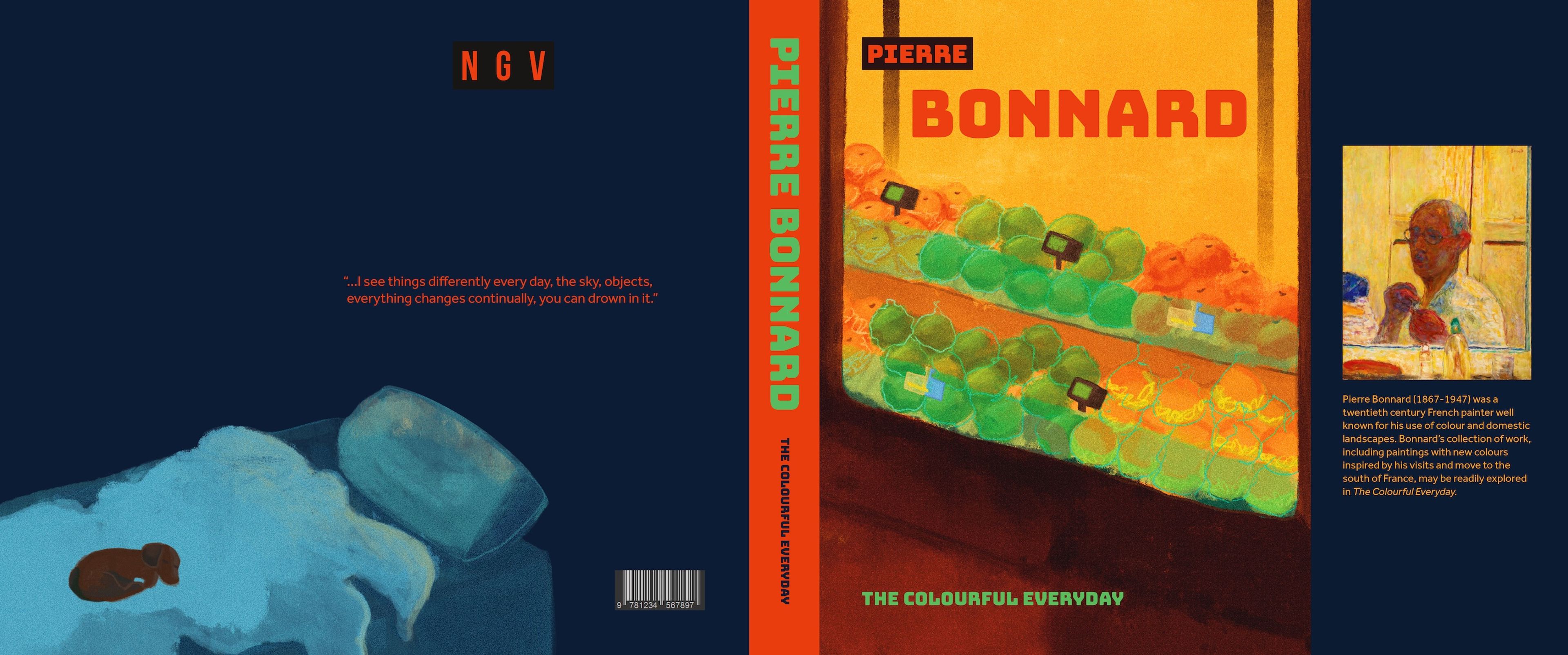 Colorful book jacket design for an art book on Pierre Bonnard. The front cover features a painting of a fruit display in Bonnard’s characteristic style, while the back cover displays a blue illustration of a resting dog with an orange quote. The bold orange spine with the title in blue adds vibrancy.