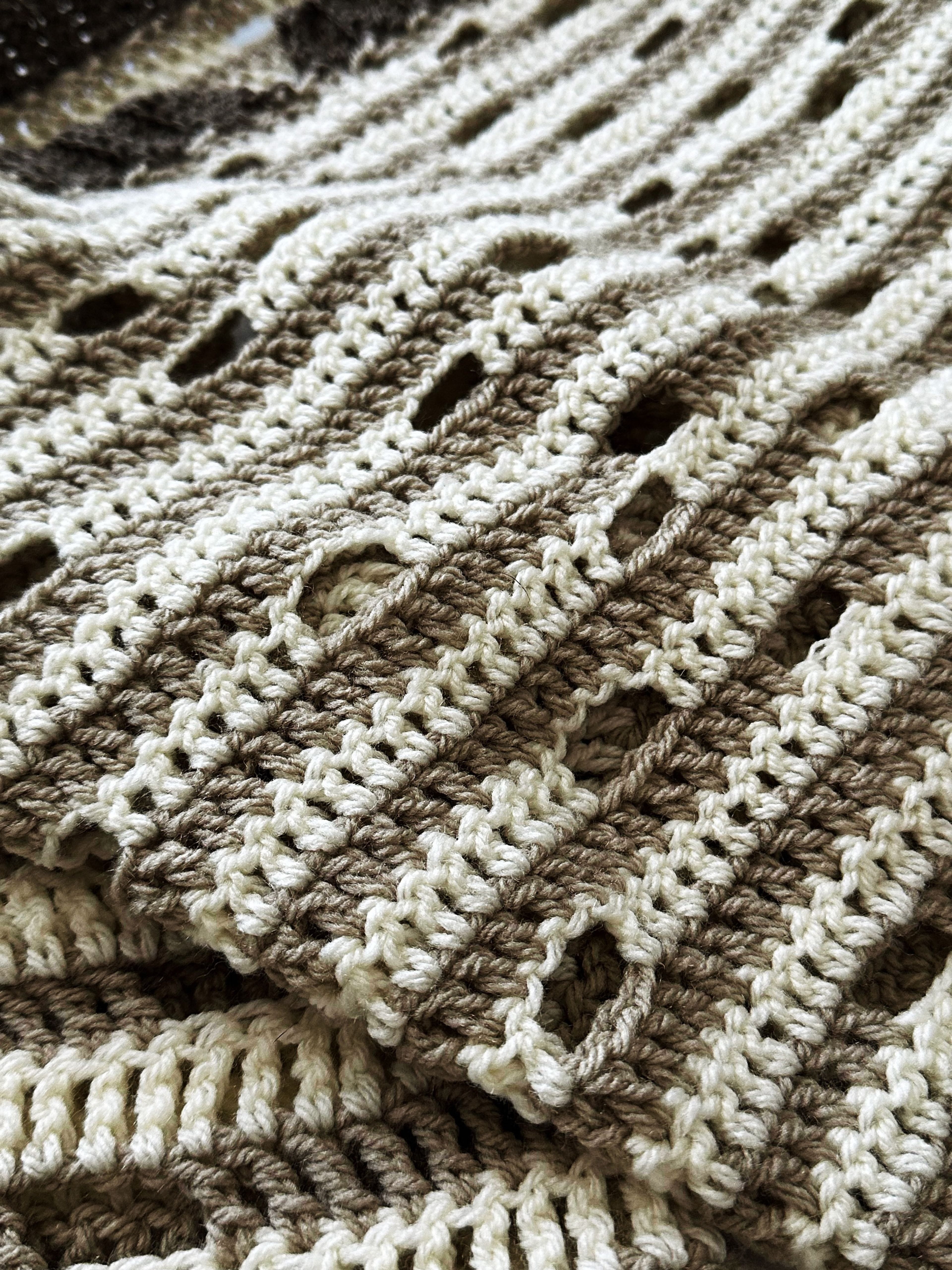 Detailed close-up of a beige and taupe crochet fabric, showcasing the intricate patterns and textures of the hand-knitted design. The yarn is woven in an open, airy pattern with alternating shades, creating a tactile surface.