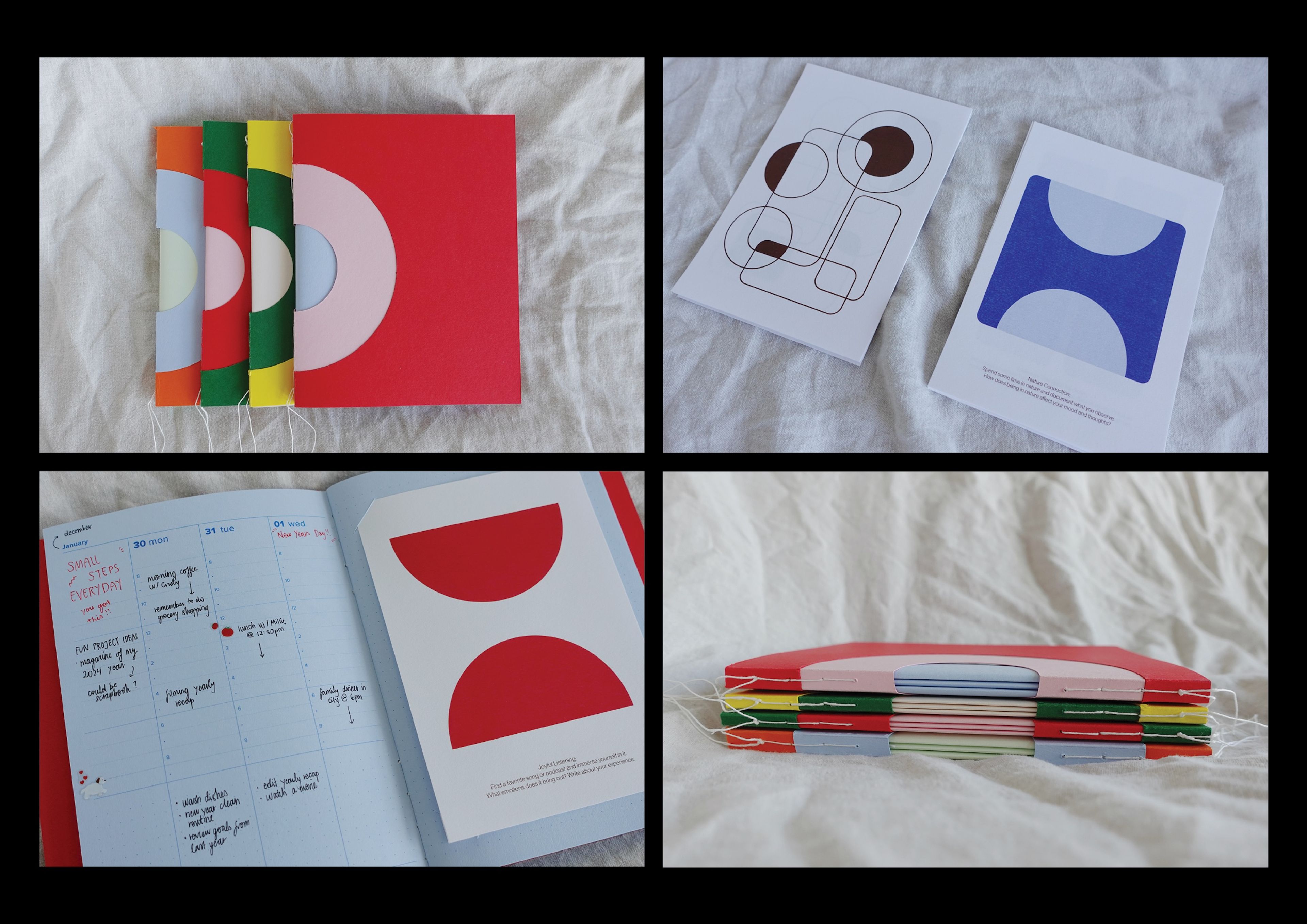 Minimalist stationery collection featuring geometric semi-circle motifs in bold primary colours. Set includes calendar pages, art prints, and bound notebooks with exposed binding detail.