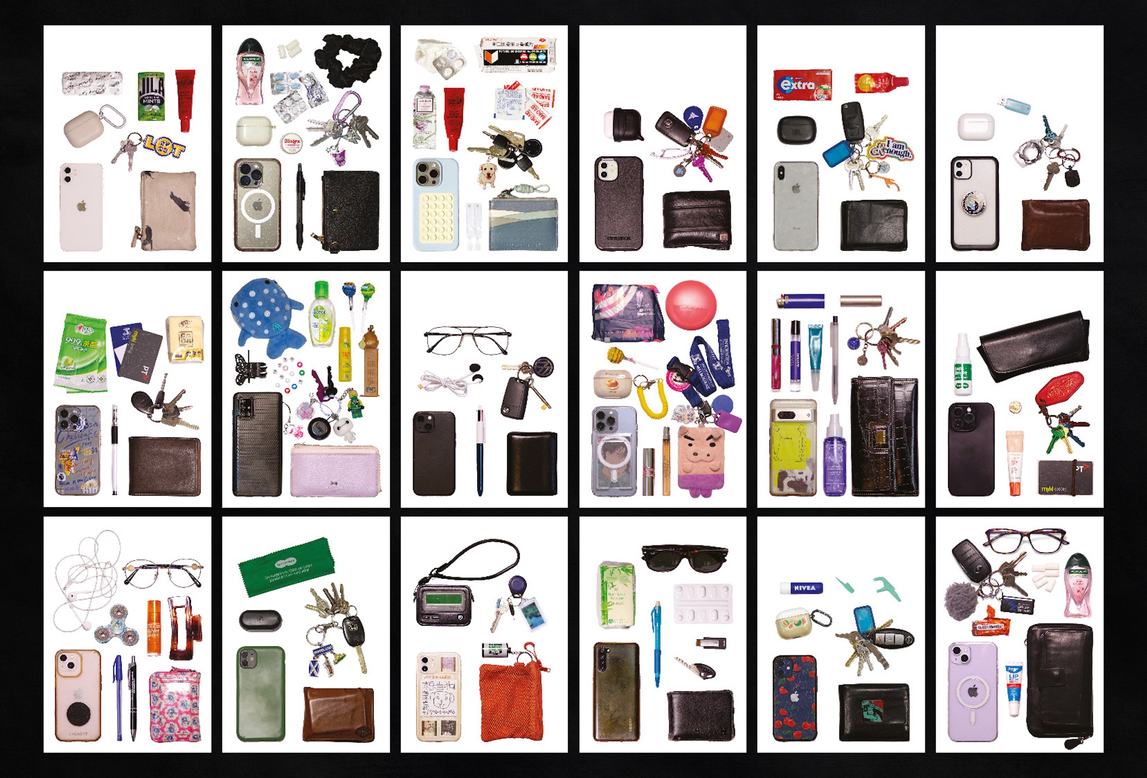 A grid of 12 flat-lay images displaying various personal items, including smartphones, wallets, keys, headphones, pens, small toiletries, keychains, and other everyday essentials.