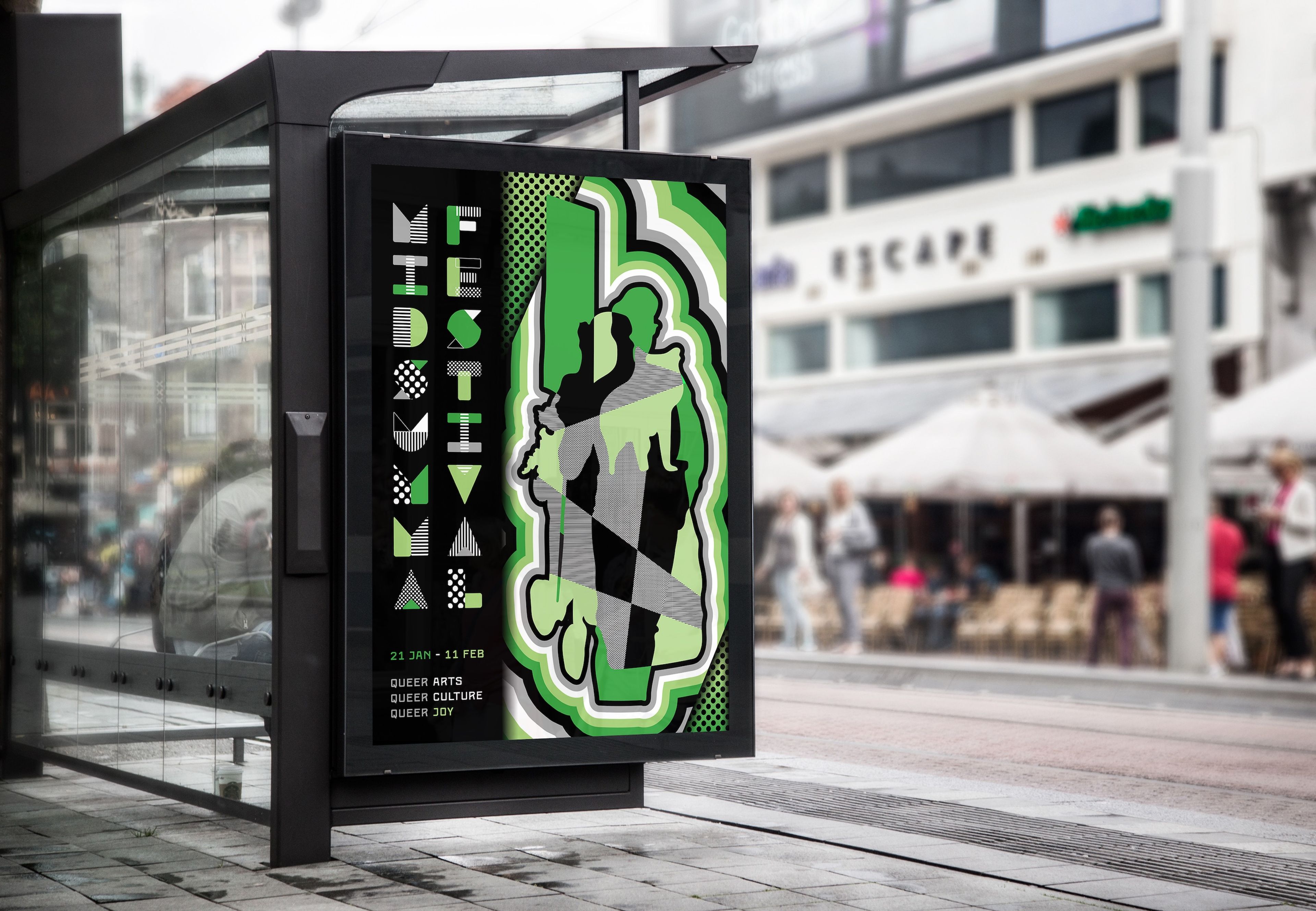 Bold poster for the Midsumma Festival displayed in a bus shelter. The design uses contrasting green, black, and white with layered shapes and silhouettes of people, evoking a dynamic and vibrant feel. Text is stacked vertically to spell "MIDSUMMA FESTIVAL".