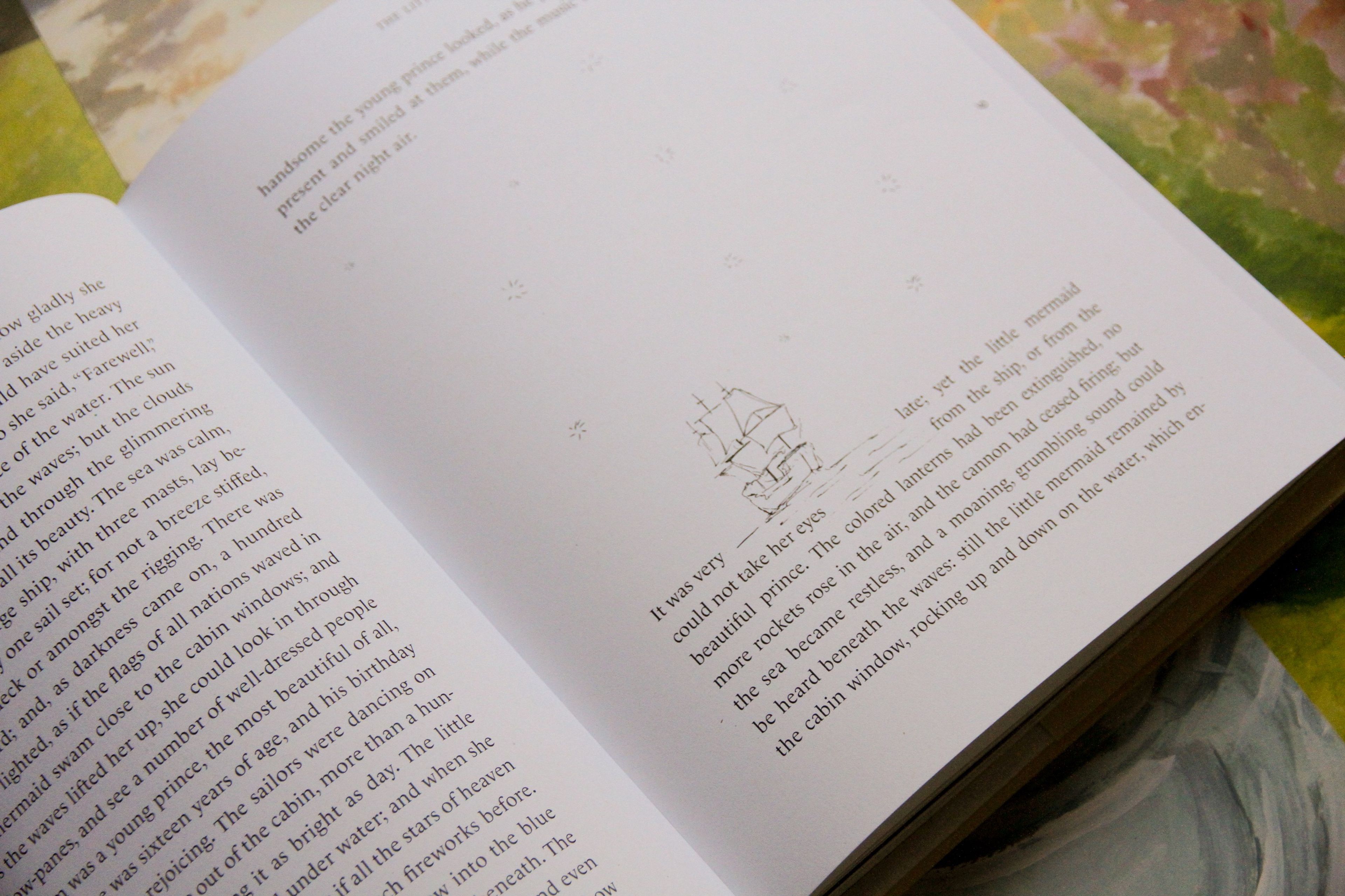 Book spread featuring delicate typography and a small line drawing of a sailing ship.