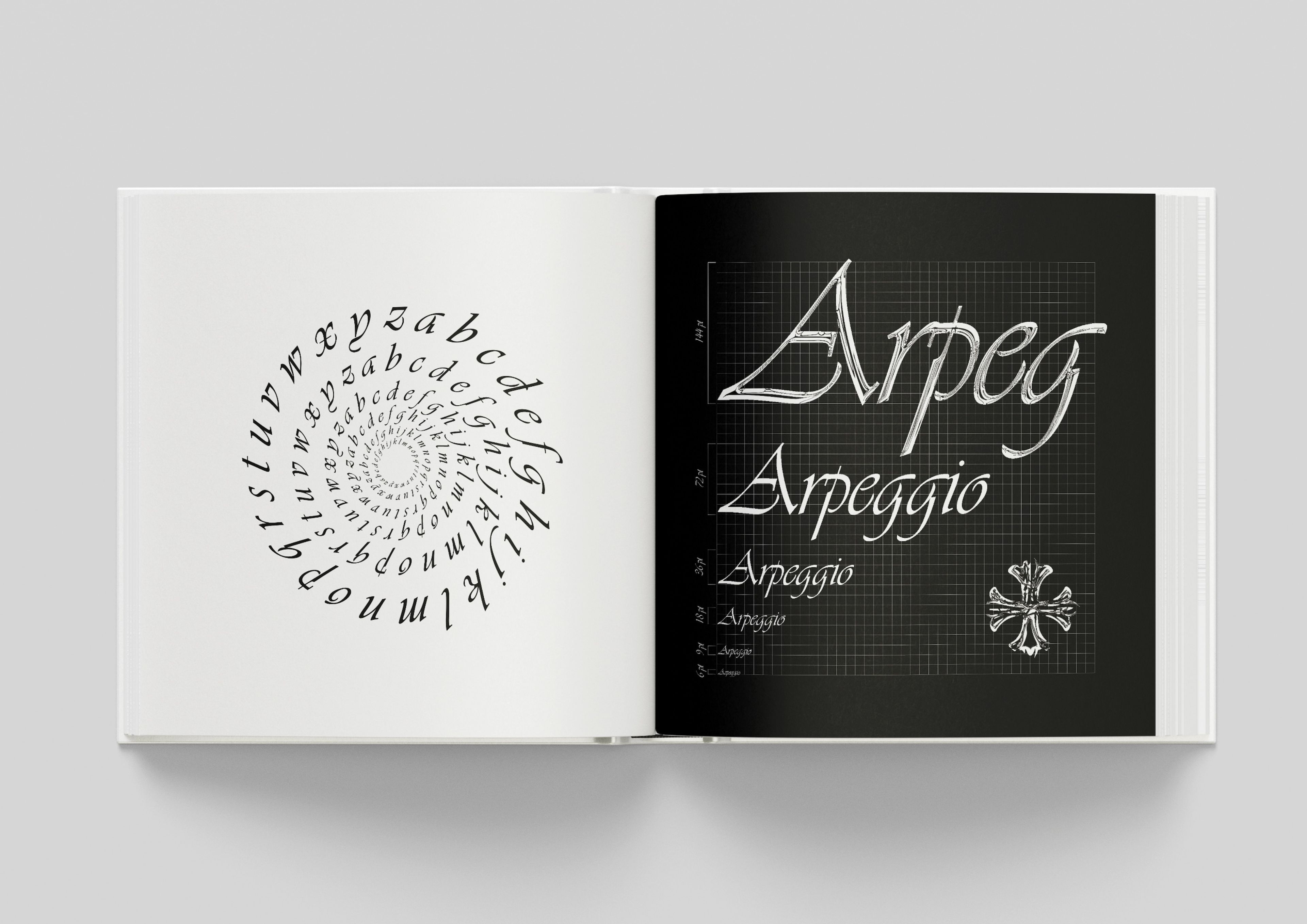 An open book spread displaying intricate, spiral typography on the left page, with alphabet letters arranged in a circular pattern. The right page features the word "Arpeggio" in an elegant, calligraphic font with technical drawing elements in the background.