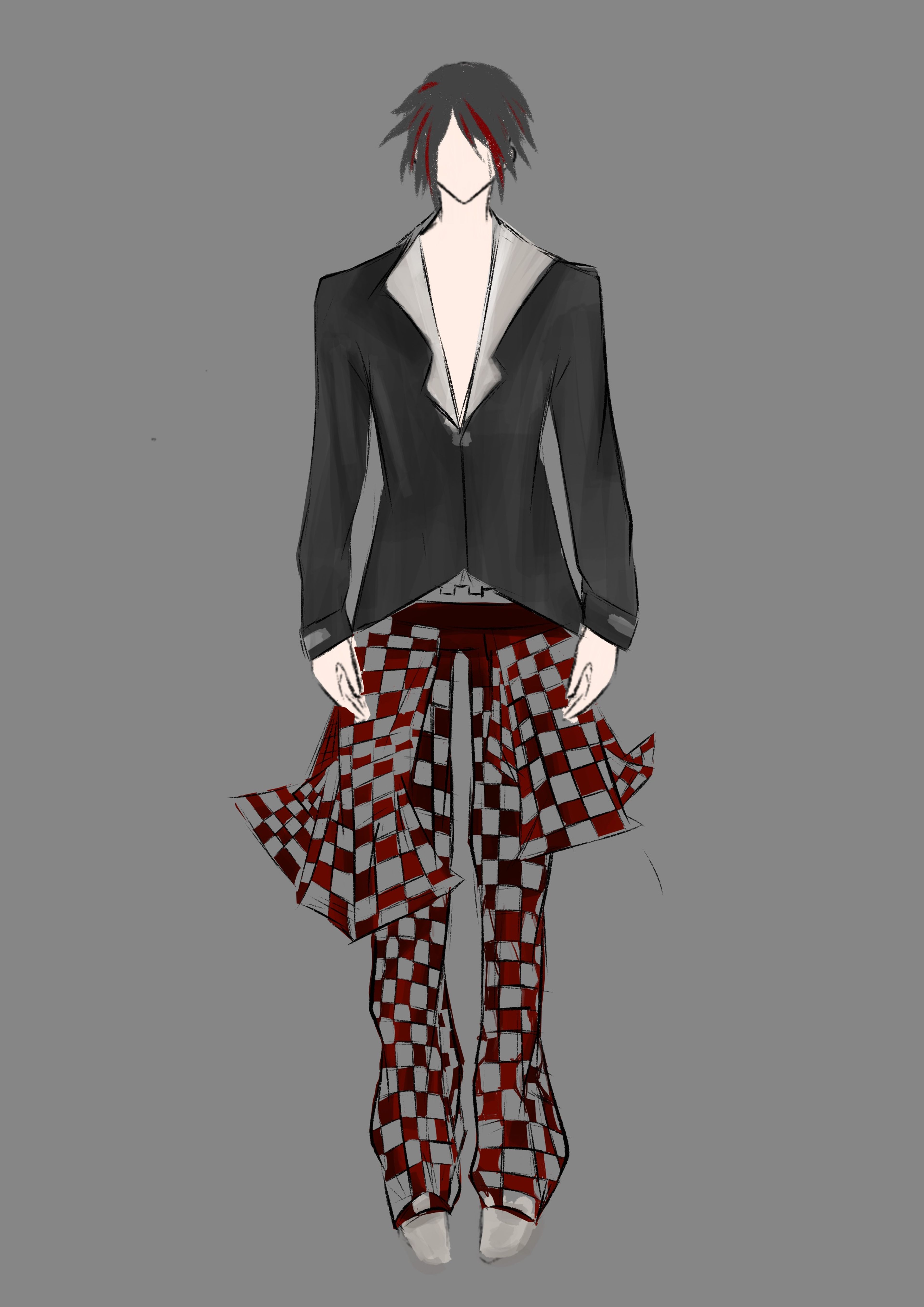 Costume design with a sleek black jacket, red highlights in hair, and bold red-and-white checkered layered pants 