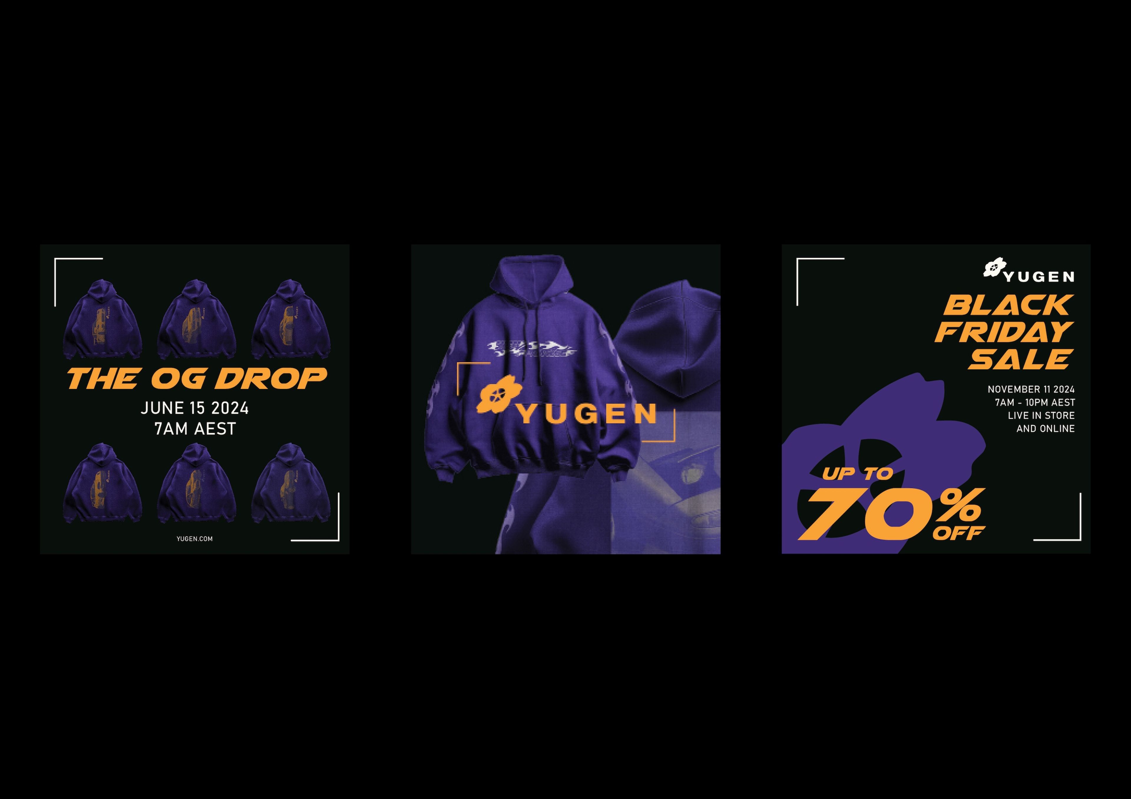 Promotional graphics for Yugen’s purple hoodie, featuring flame graphics and bold orange text for "OG Drop" and "Black Friday Sale." A streetwear aesthetic with contrasting orange on dark backgrounds highlights the sale.