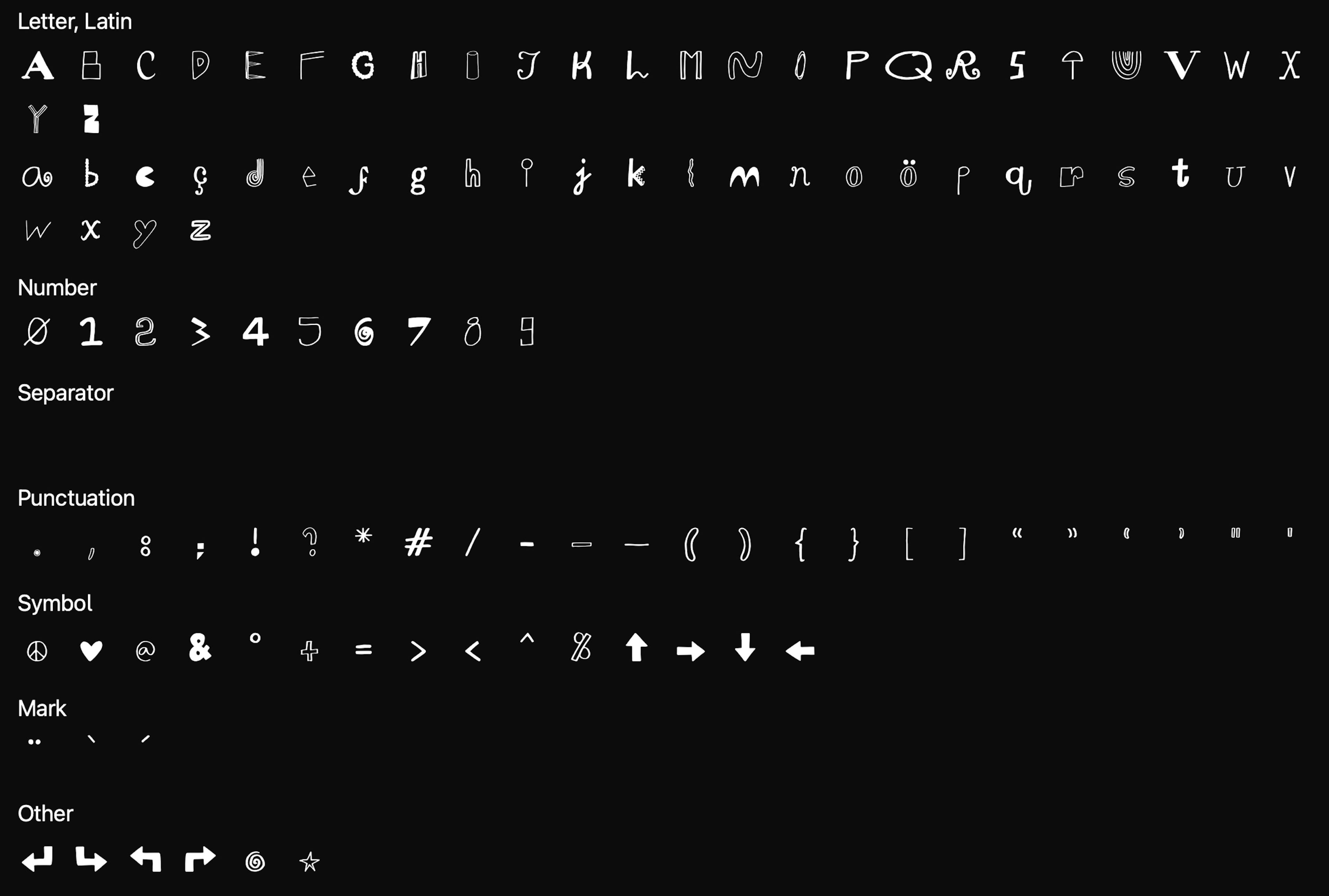 A full character set of the "Nonsense" typeface displayed on a black background. The unique, irregular designs of each letter, number, and symbol highlight the playful nature of the typeface.